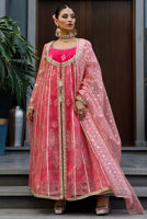 Pakistani Pink Zardozi Organza Anarkali Dress (3-Piece) - Image 5