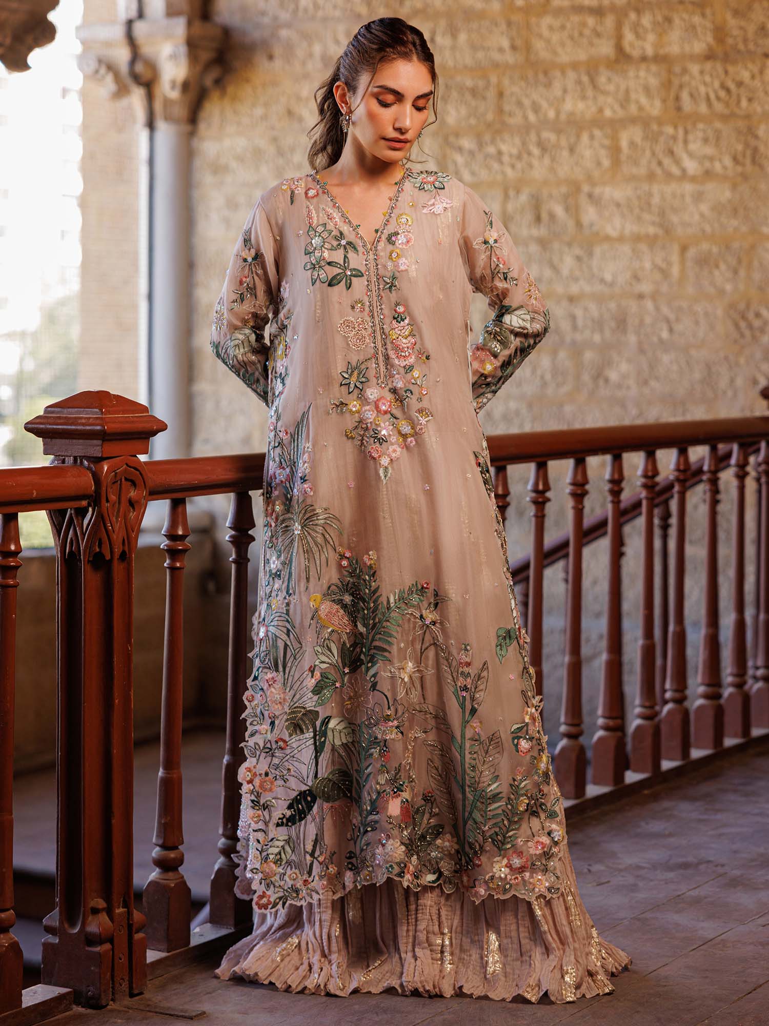 Pakistani Quartz Pink Zardozi Organza Anarkali Dress (2-Piece) - Image 1