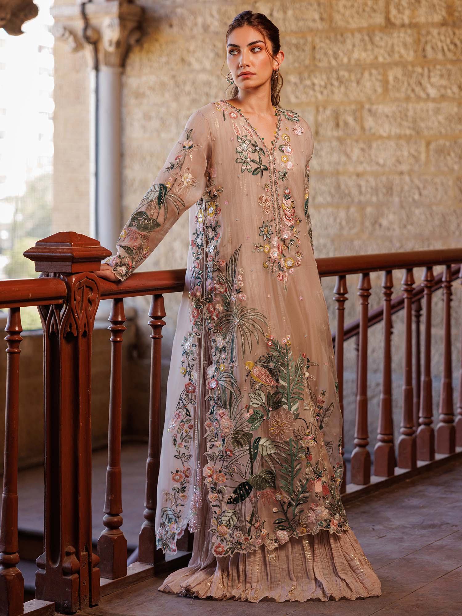 Pakistani Quartz Pink Zardozi Organza Anarkali Dress (2-Piece) - Image 2