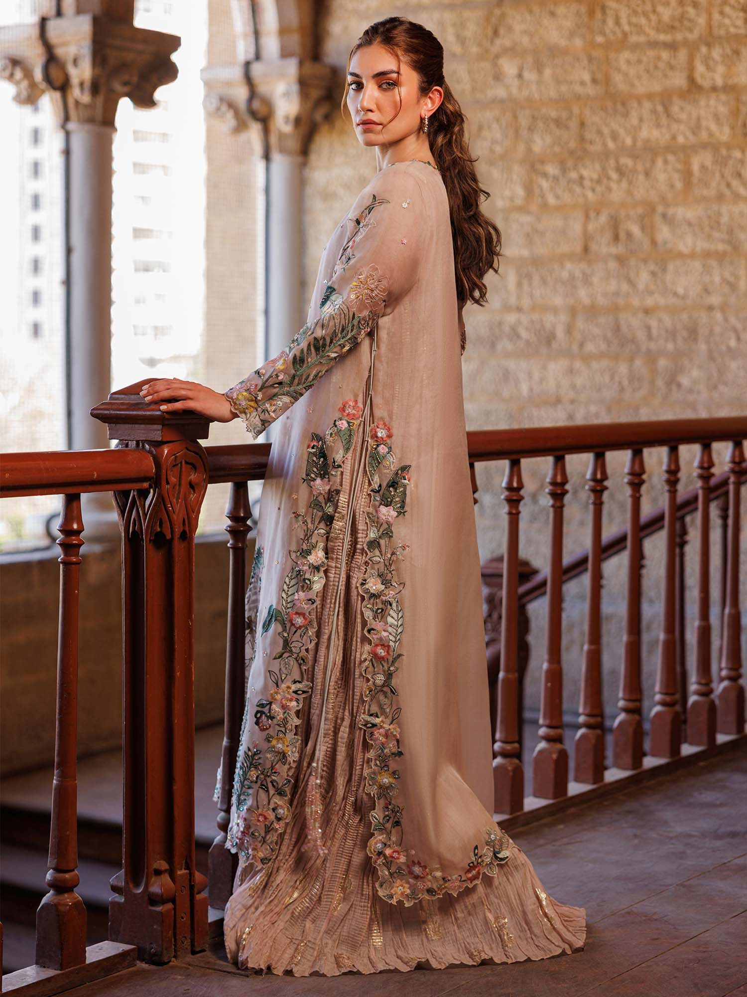 Pakistani Quartz Pink Zardozi Organza Anarkali Dress (2-Piece) - Image 3