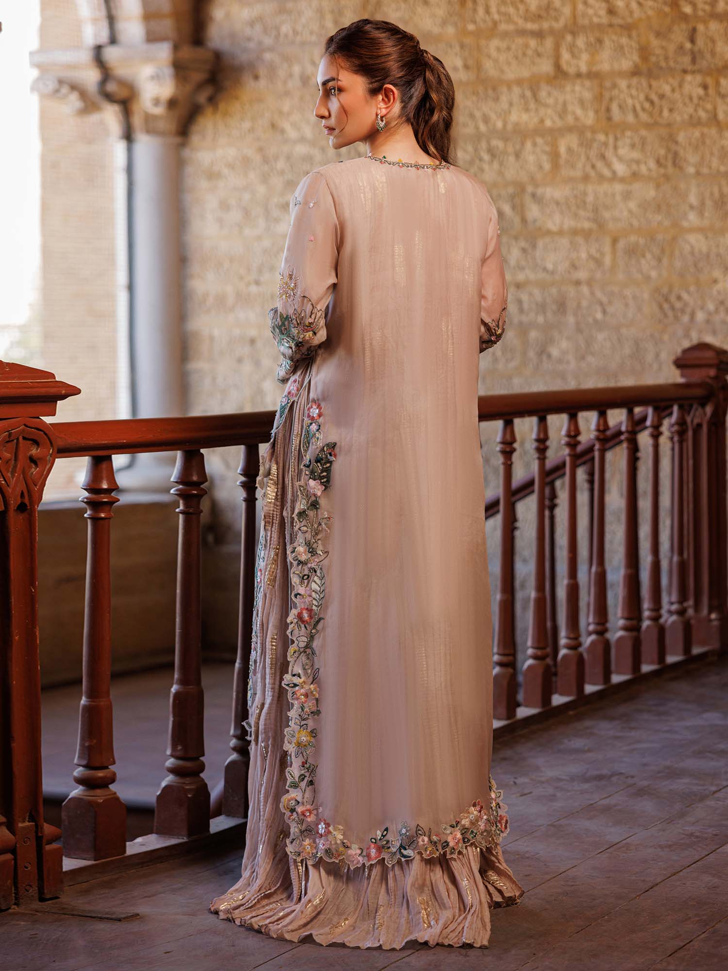 Pakistani Quartz Pink Zardozi Organza Anarkali Dress (2-Piece) - Image 4