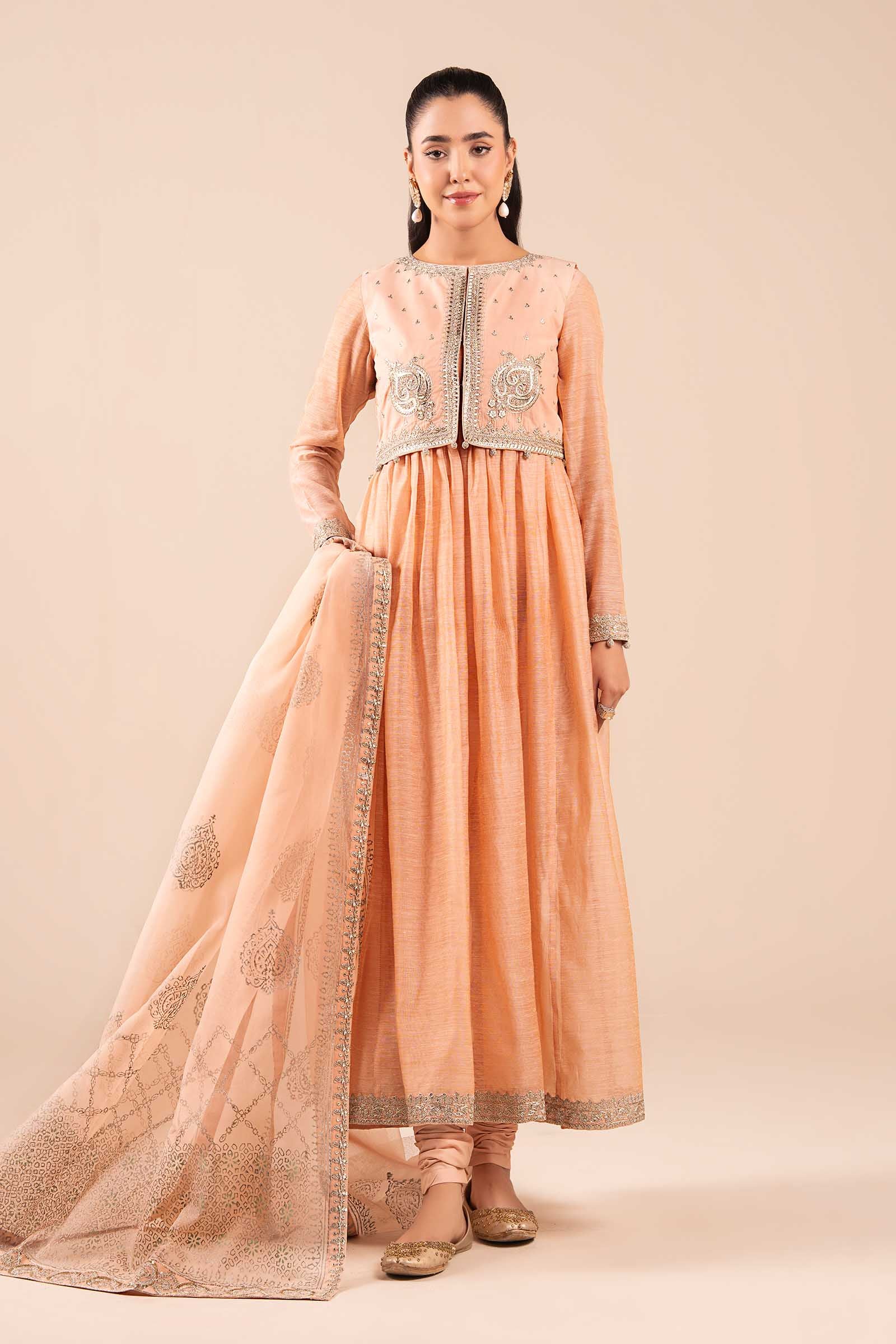 Peach Embroidered Paper Cotton Anarkali Dress (3-Piece) - Image 1