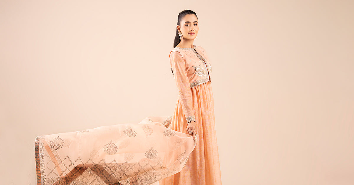 Peach Embroidered Paper Cotton Anarkali Dress (3-Piece) - Image 3