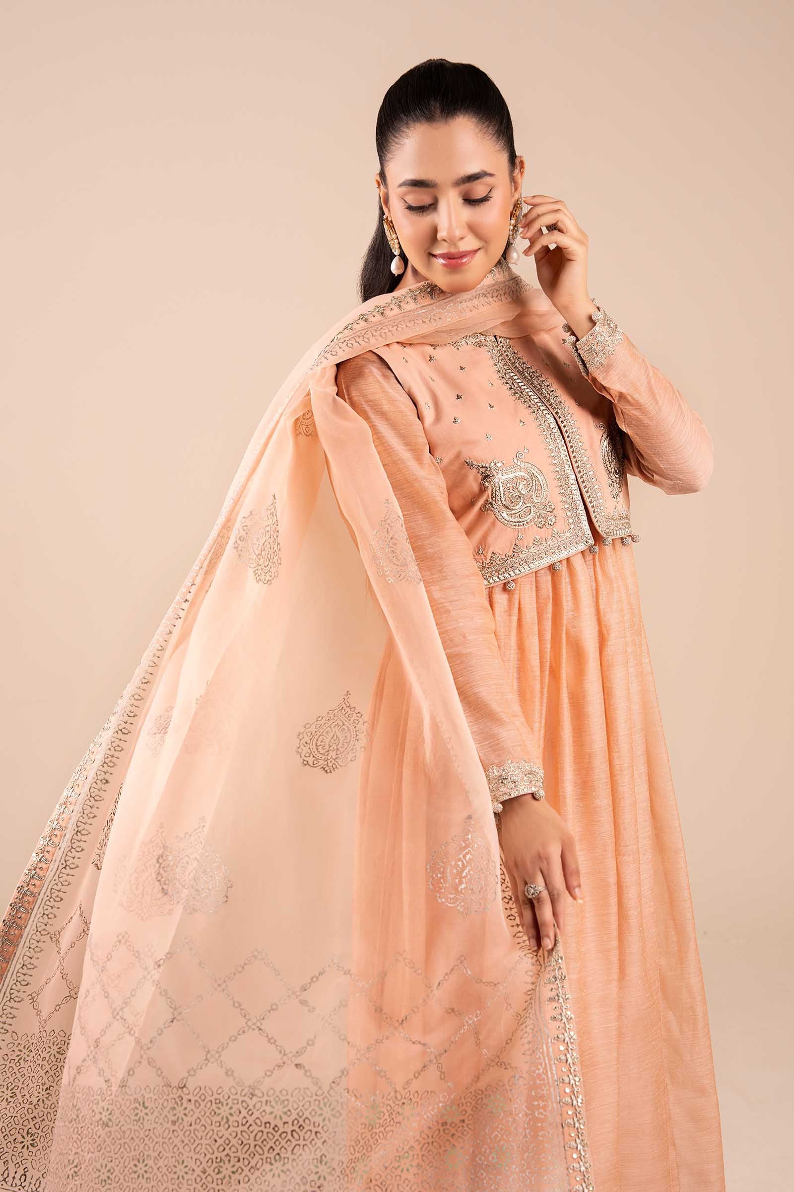 Peach Embroidered Paper Cotton Anarkali Dress (3-Piece) - Image 4