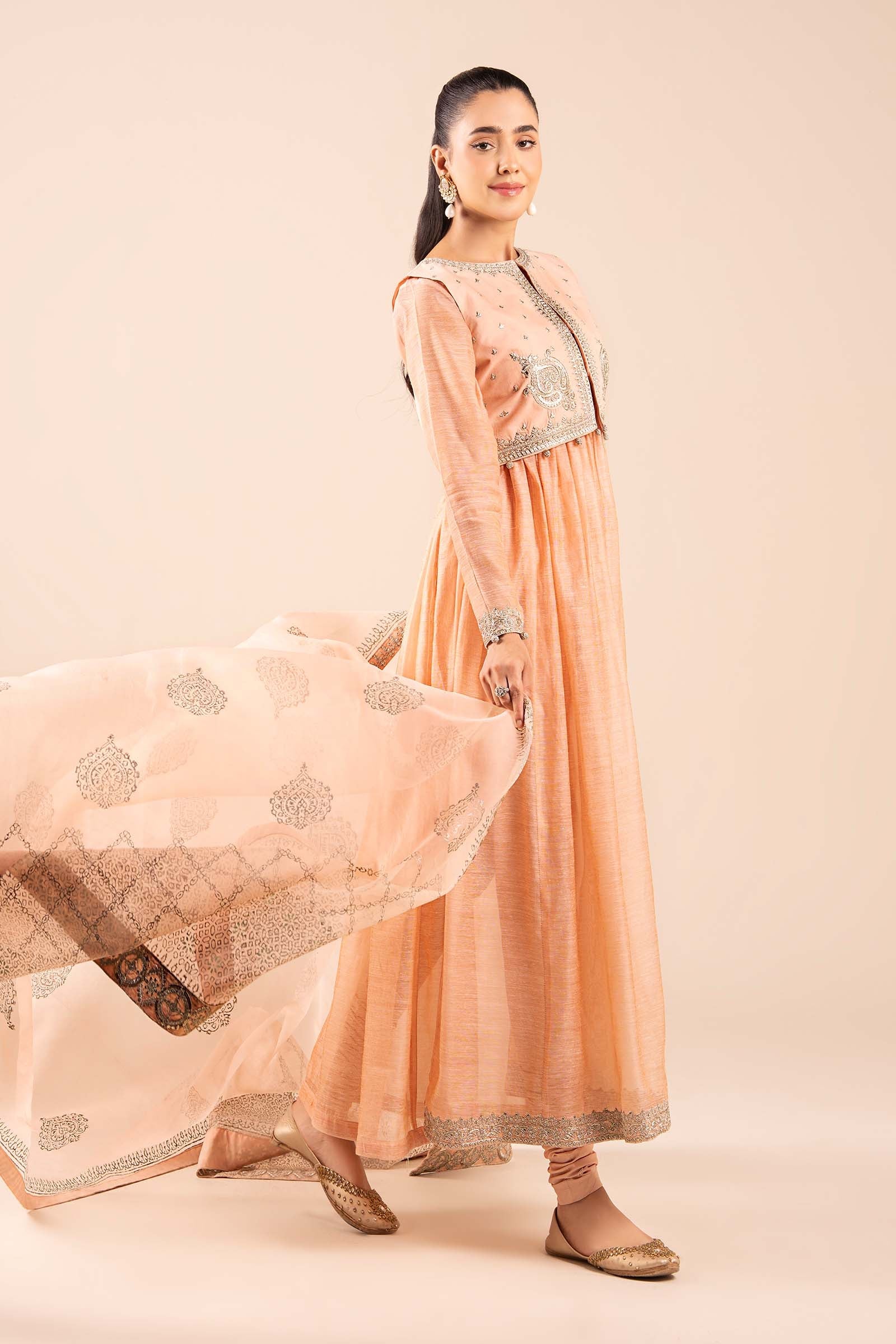 Peach Embroidered Paper Cotton Anarkali Dress (3-Piece) - Image 5