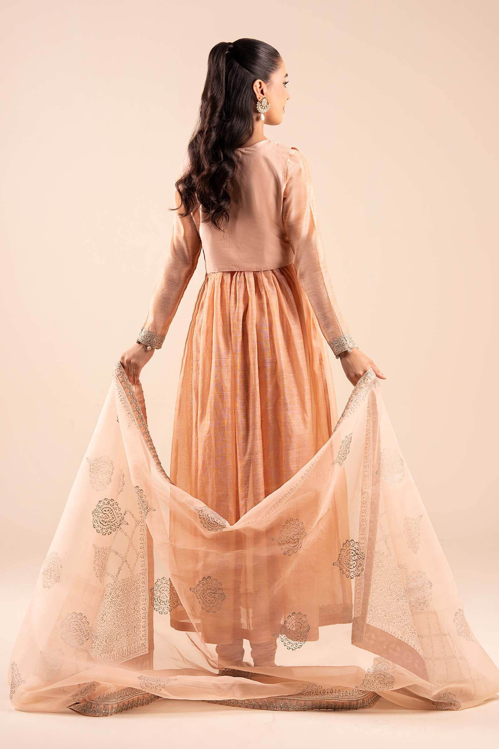 Peach Embroidered Paper Cotton Anarkali Dress (3-Piece) - Image 7