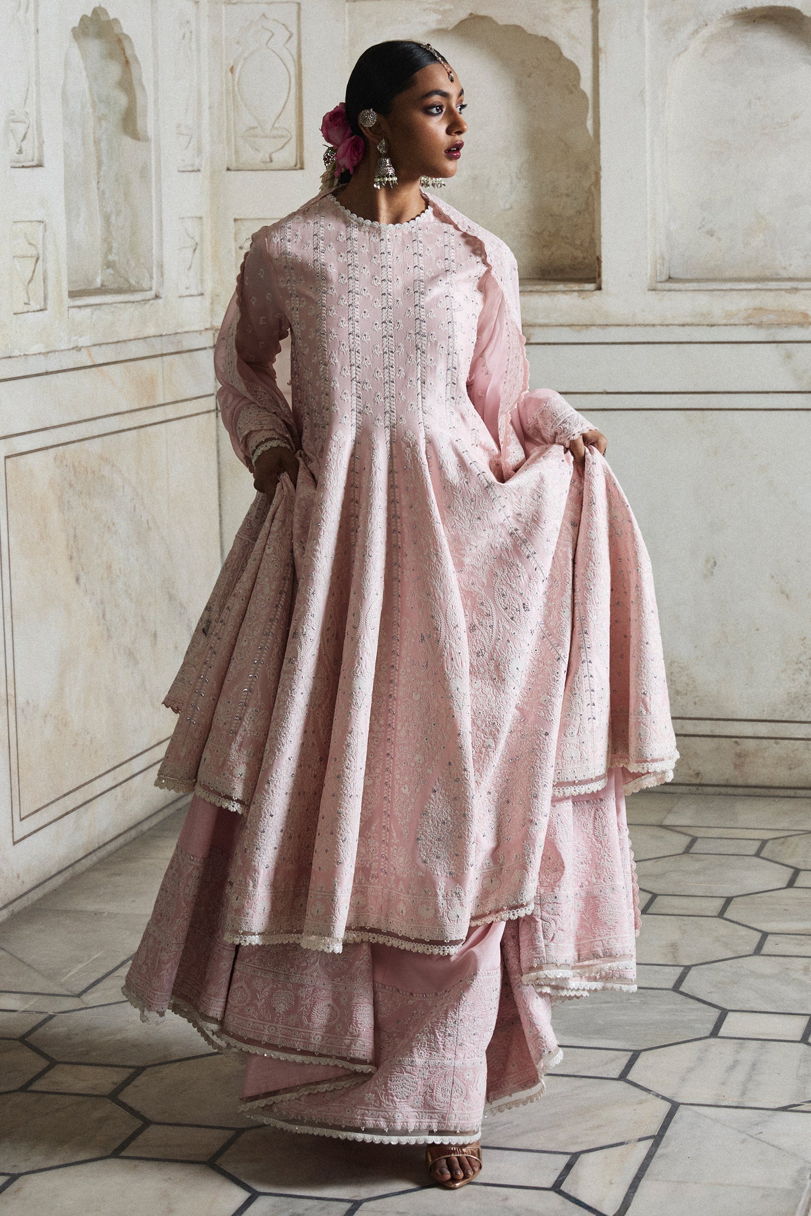 Blush Pink Embroidered Pure Silk Anarkali Dress (3-Piece) - Image 1