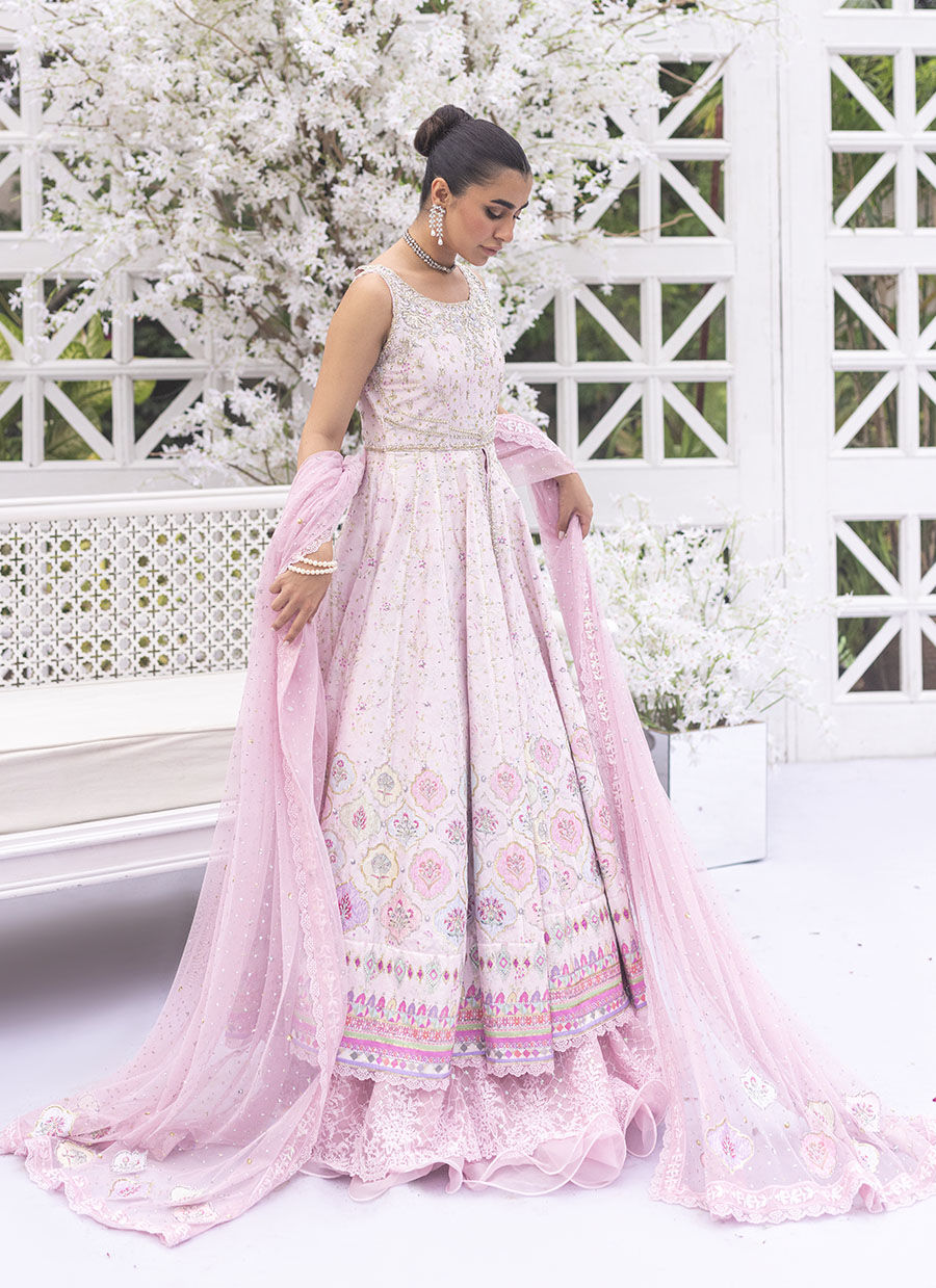 Pale Pink Hand-Embellished Raw Silk Anarkali (2-Piece) - Image 1