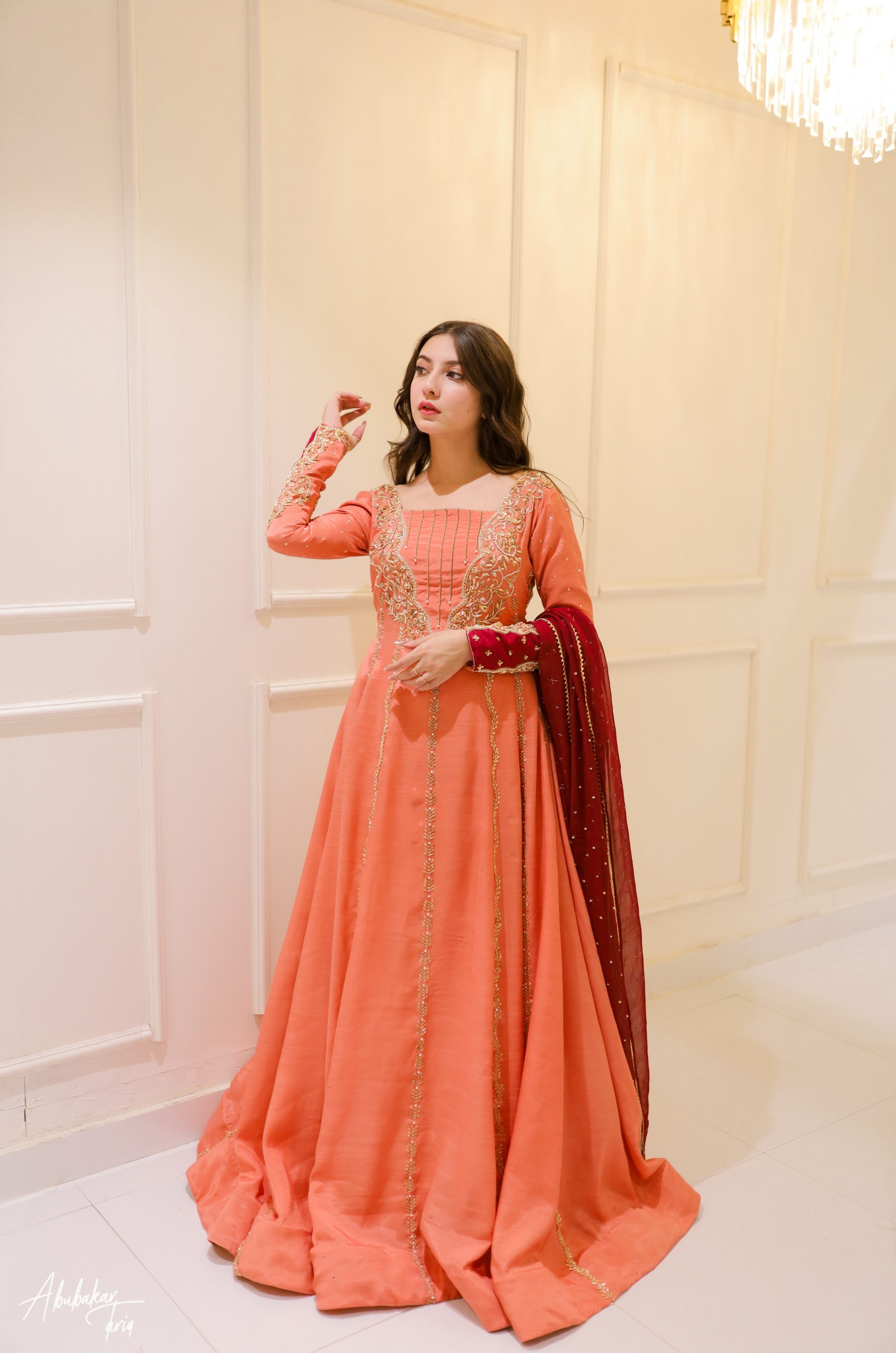 Indian Peach Hand-Embellished Raw Silk Anarkali (2-Piece) - Image 1