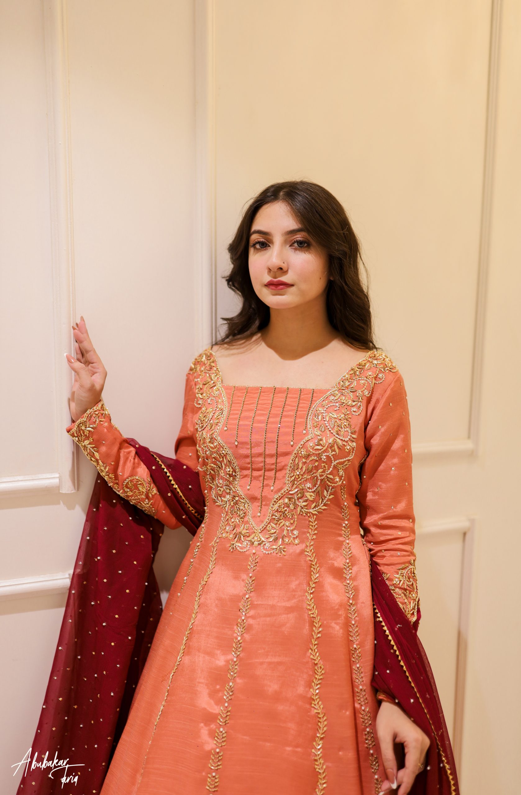 Indian Peach Hand-Embellished Raw Silk Anarkali (2-Piece) - Image 10