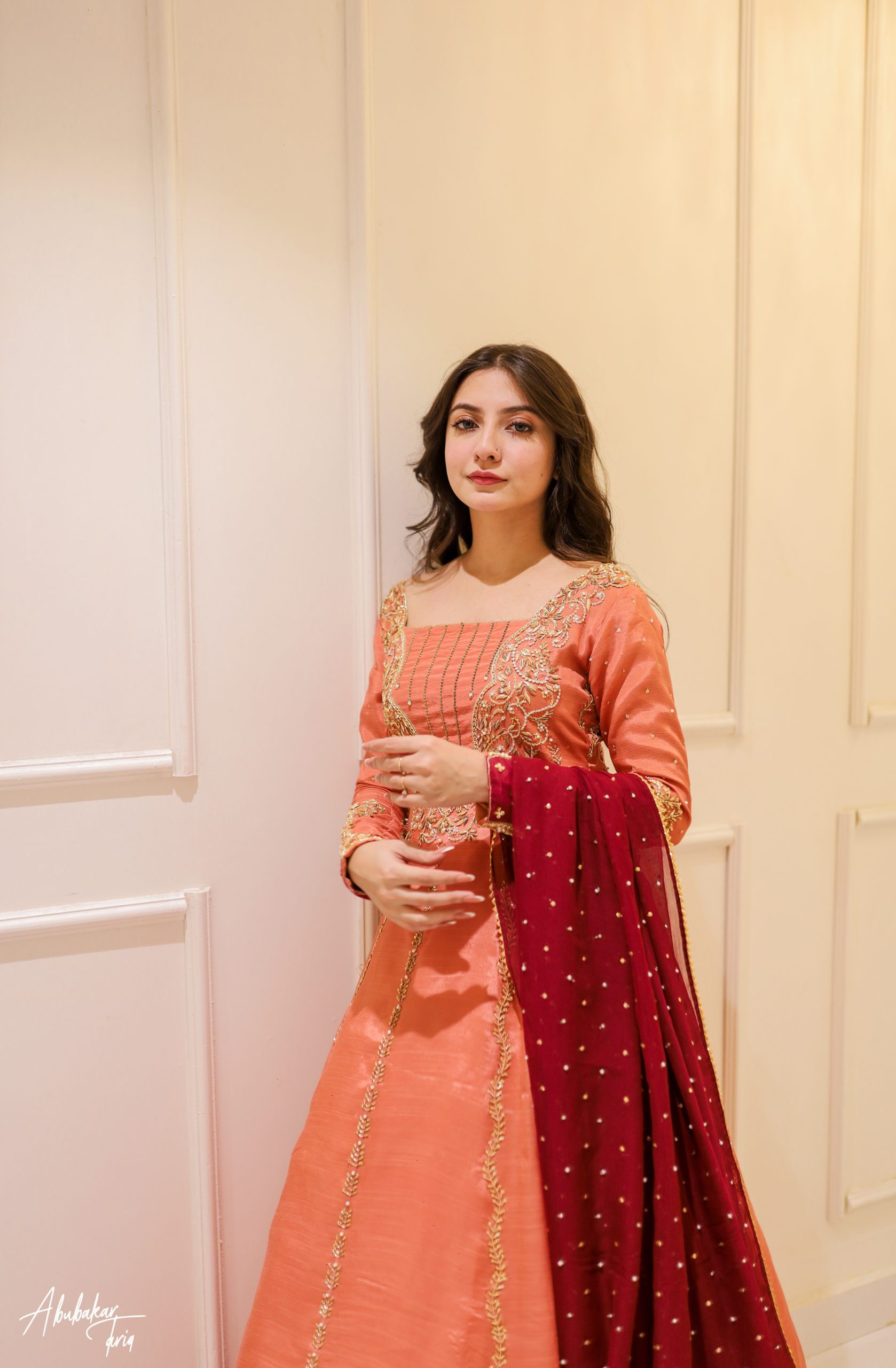 Indian Peach Hand-Embellished Raw Silk Anarkali (2-Piece) - Image 11