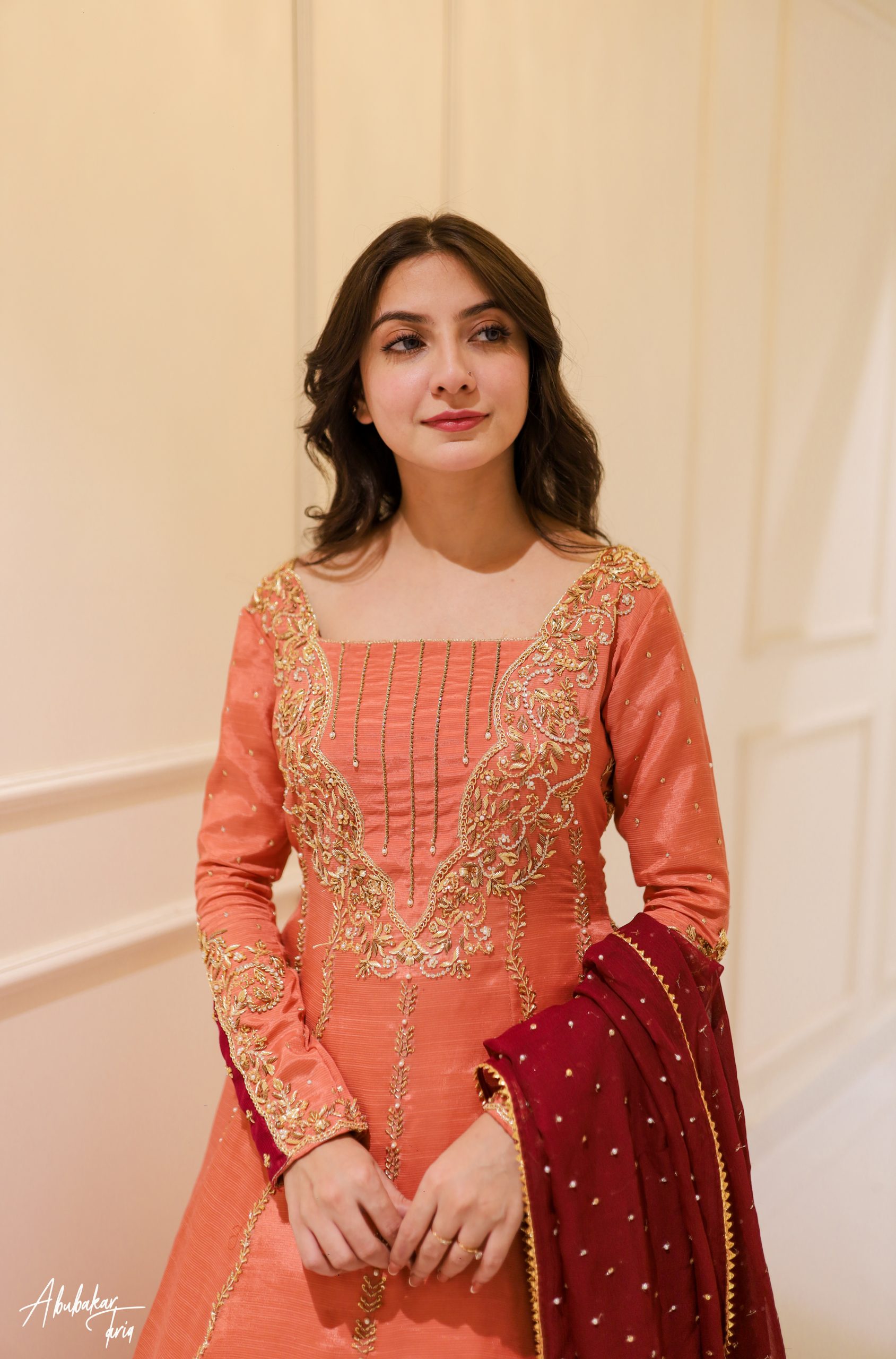 Indian Peach Hand-Embellished Raw Silk Anarkali (2-Piece) - Image 13