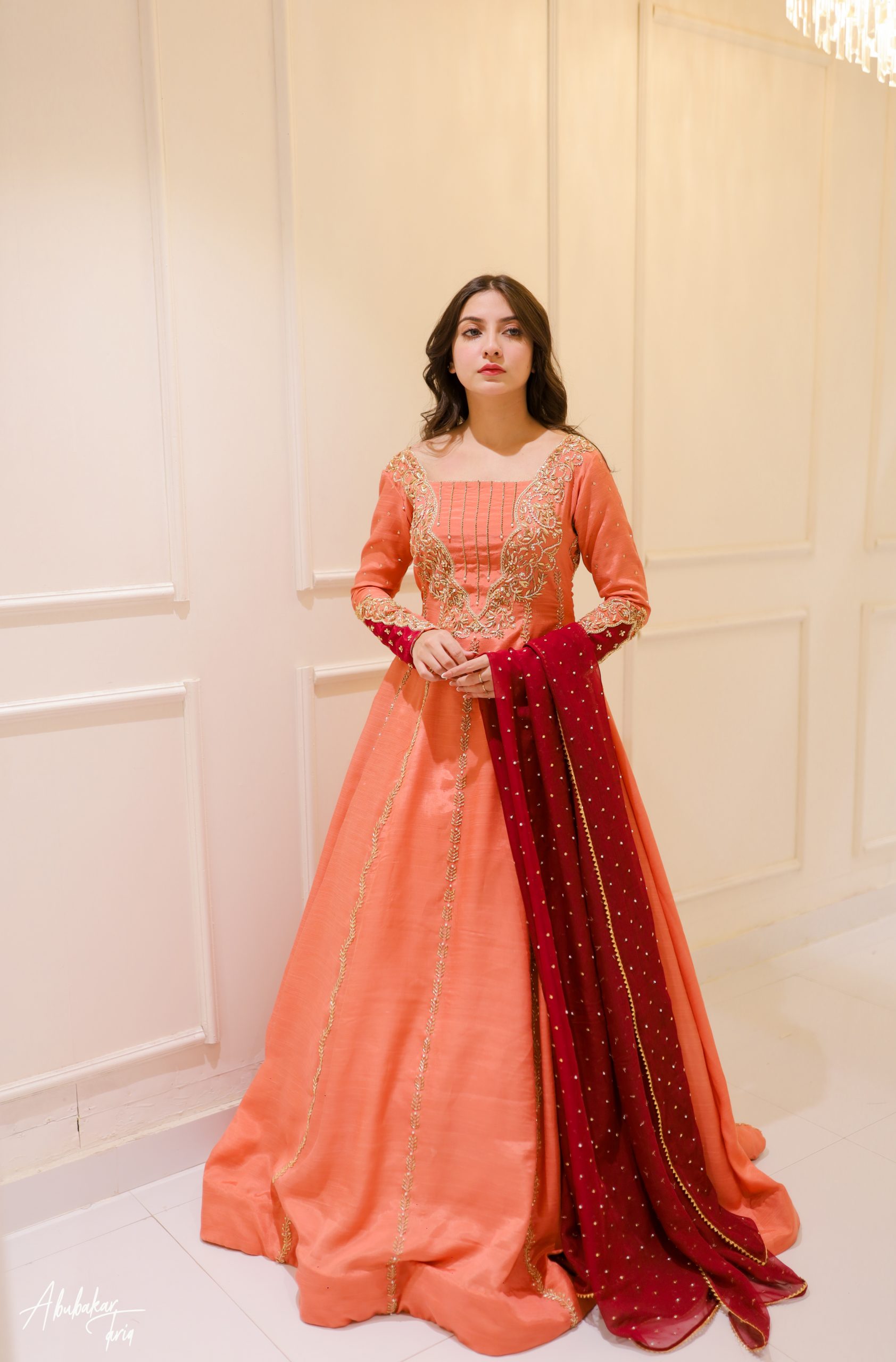 Indian Peach Hand-Embellished Raw Silk Anarkali (2-Piece) - Image 15