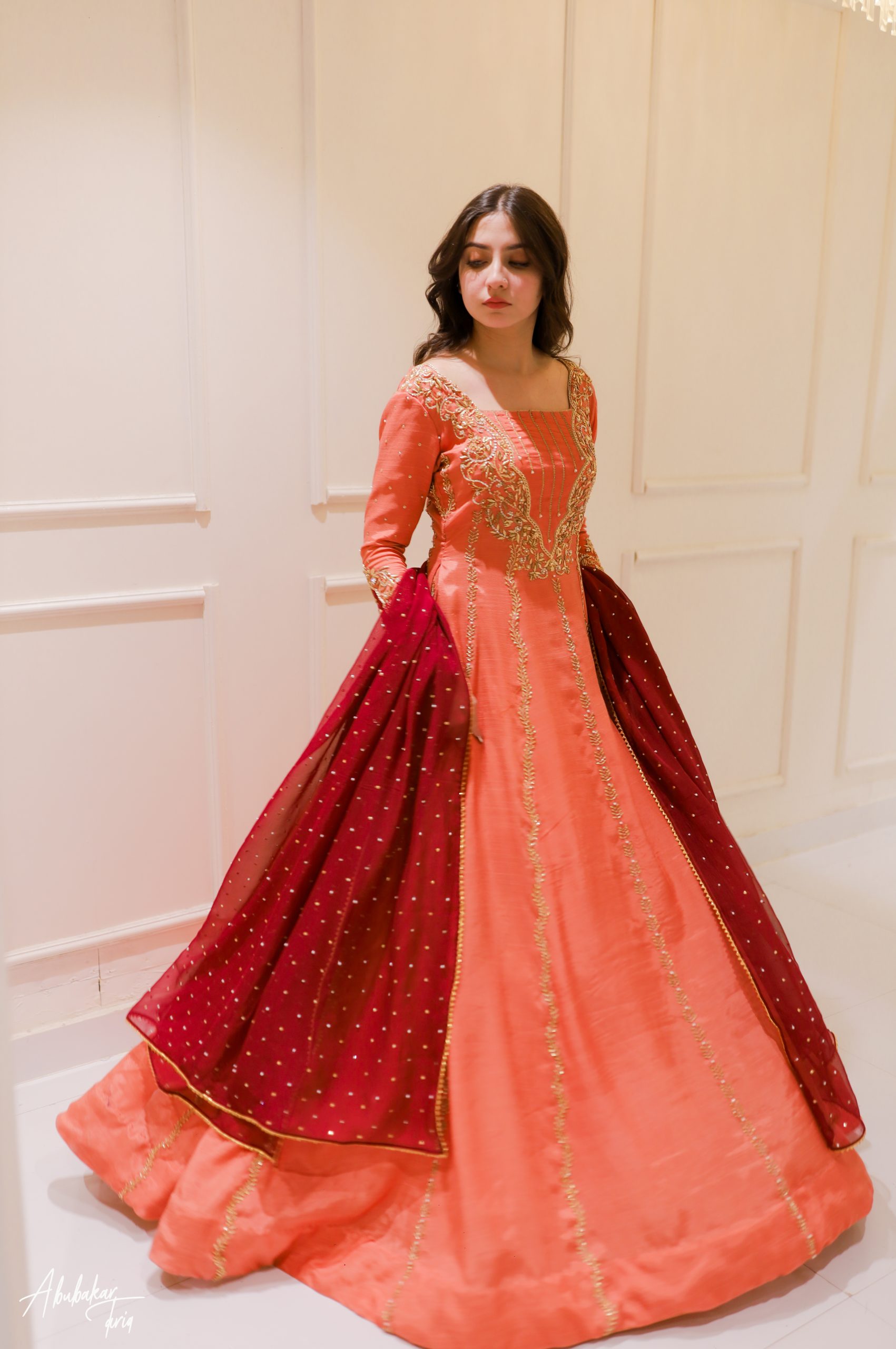 Indian Peach Hand-Embellished Raw Silk Anarkali (2-Piece) - Image 16
