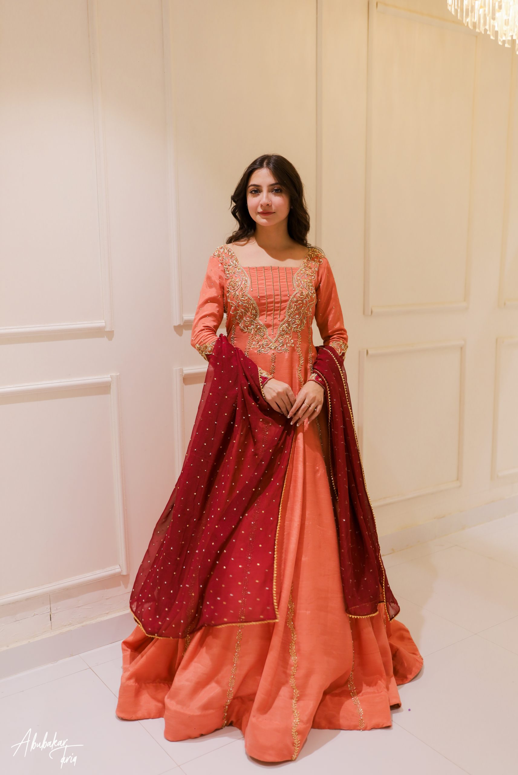 Indian Peach Hand-Embellished Raw Silk Anarkali (2-Piece) - Image 2