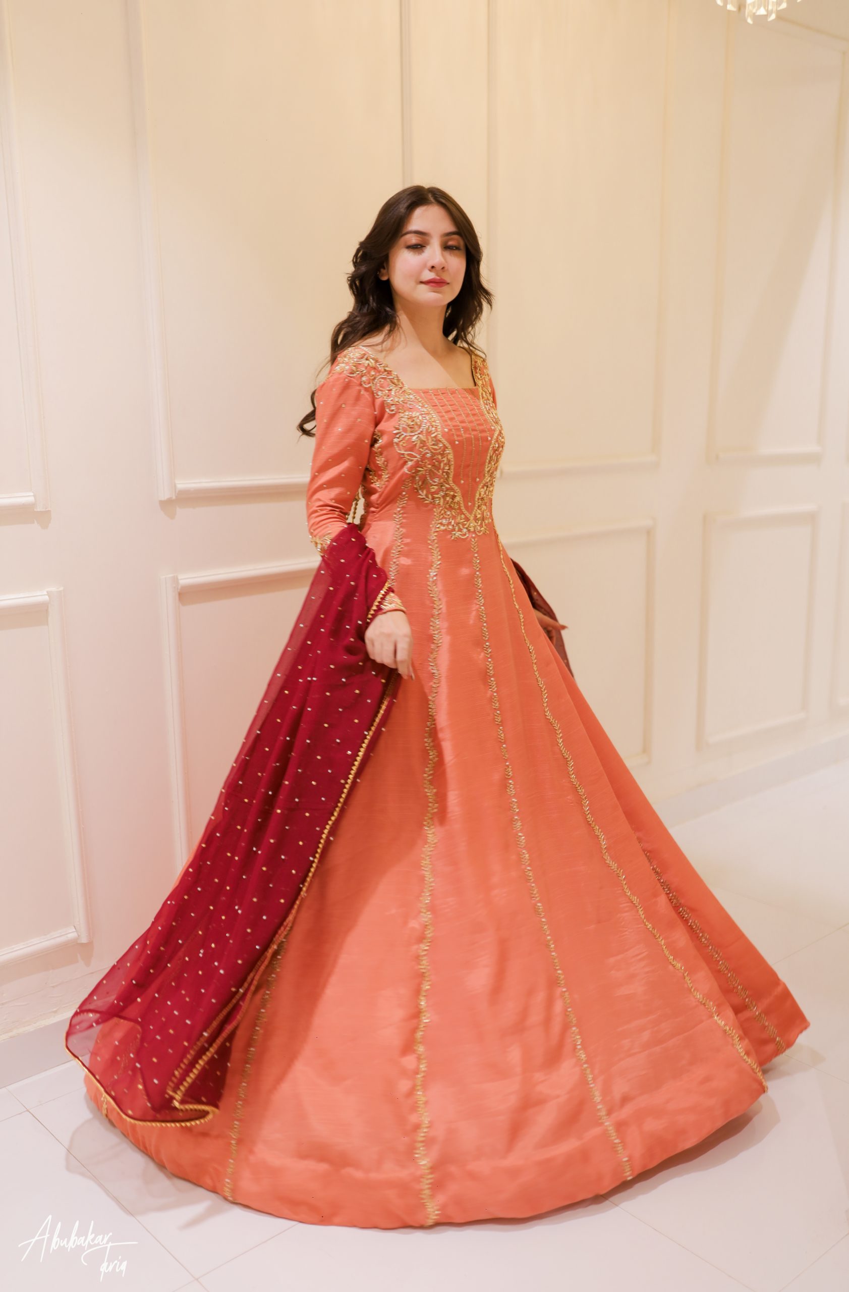 Indian Peach Hand-Embellished Raw Silk Anarkali (2-Piece) - Image 3