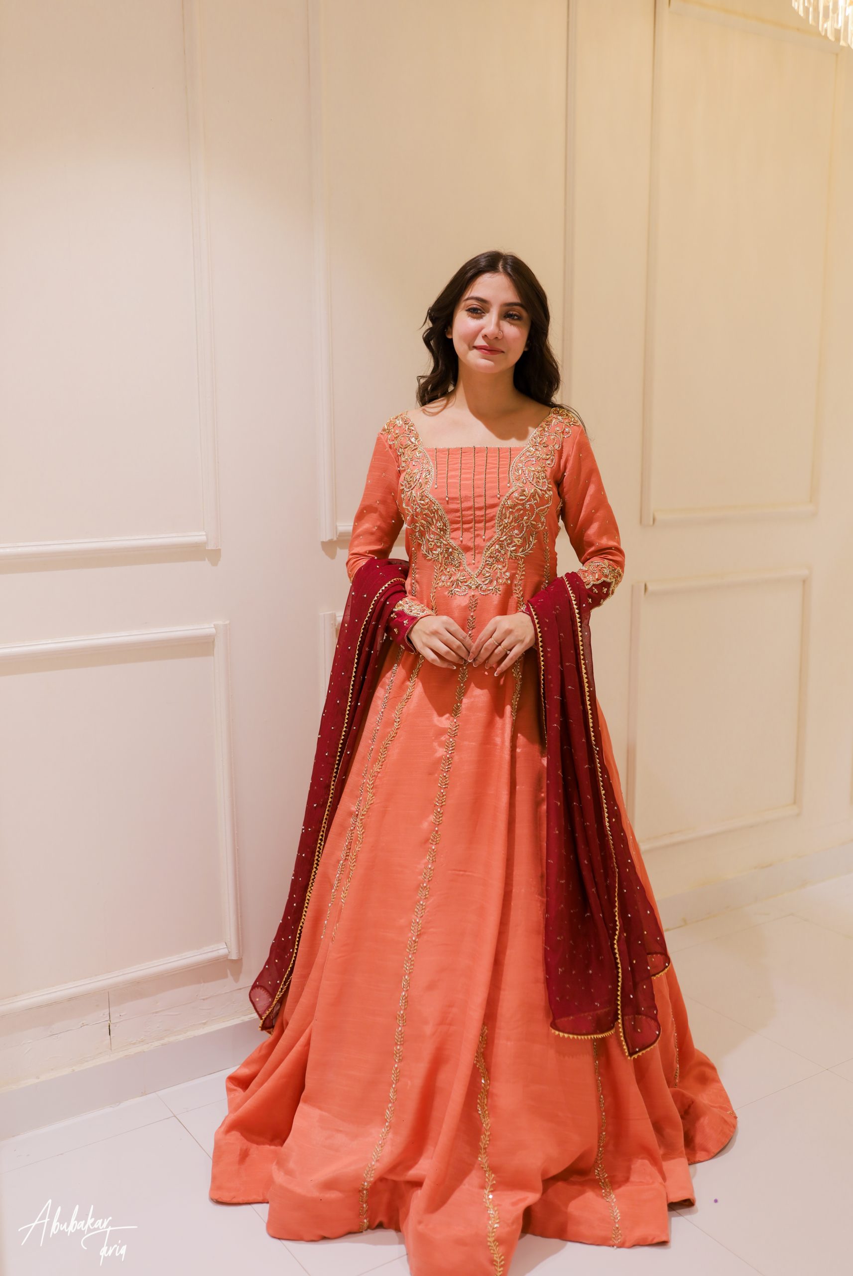 Indian Peach Hand-Embellished Raw Silk Anarkali (2-Piece) - Image 5