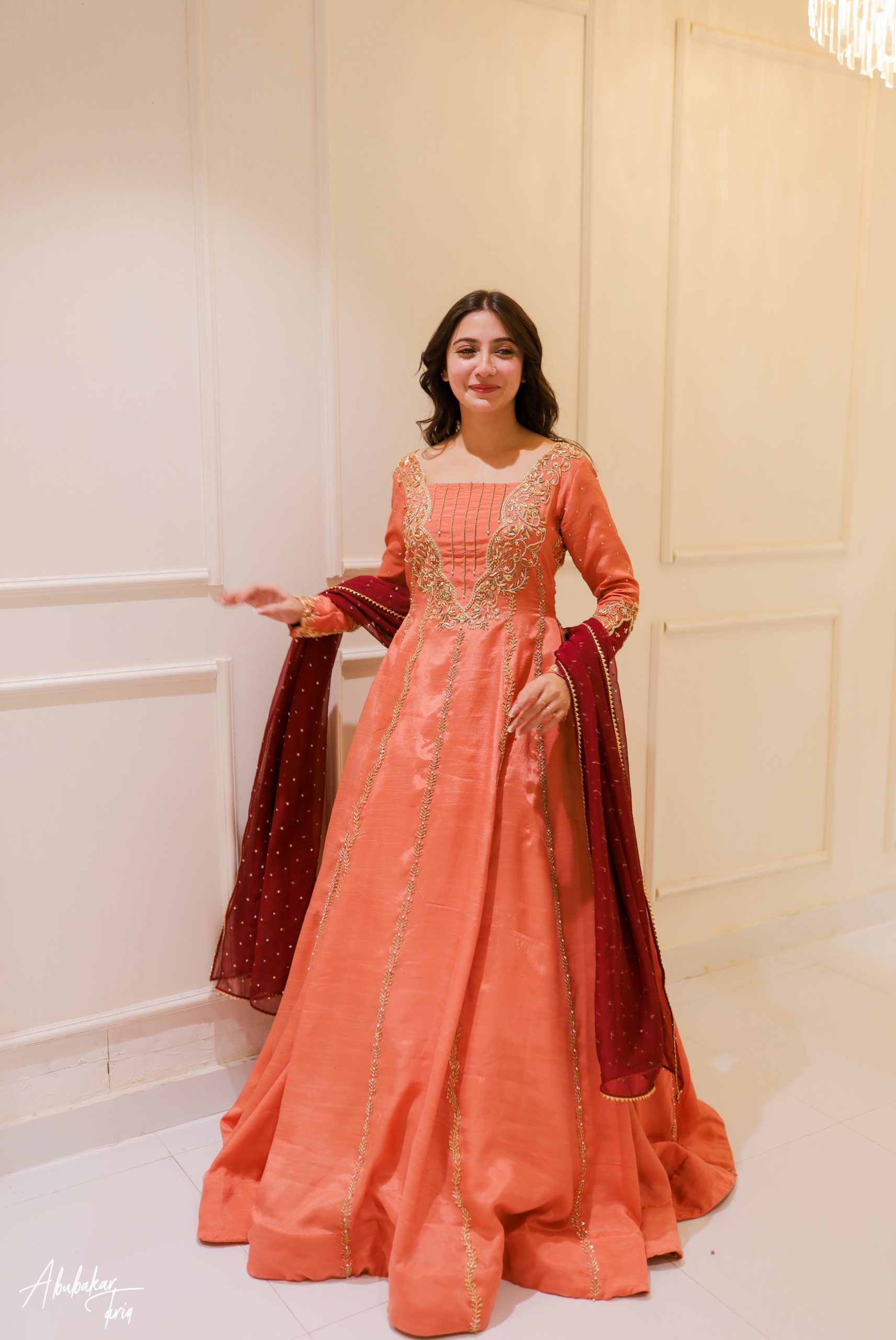 Indian Peach Hand-Embellished Raw Silk Anarkali (2-Piece) - Image 6