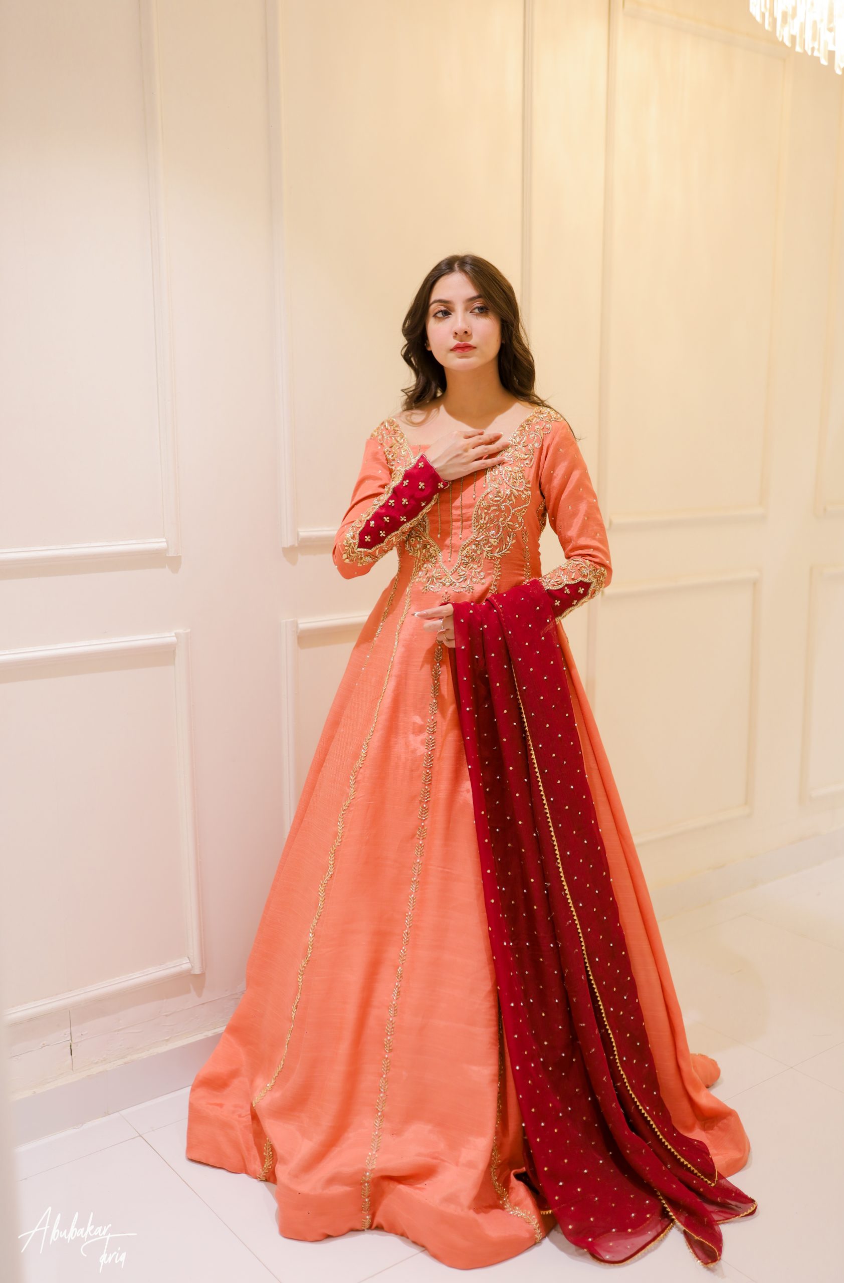 Indian Peach Hand-Embellished Raw Silk Anarkali (2-Piece) - Image 7