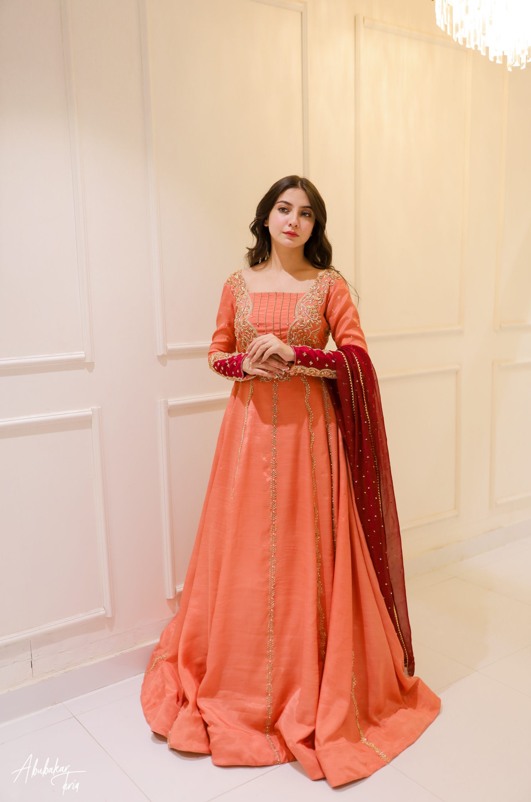 Indian Peach Hand-Embellished Raw Silk Anarkali (2-Piece) - Image 8
