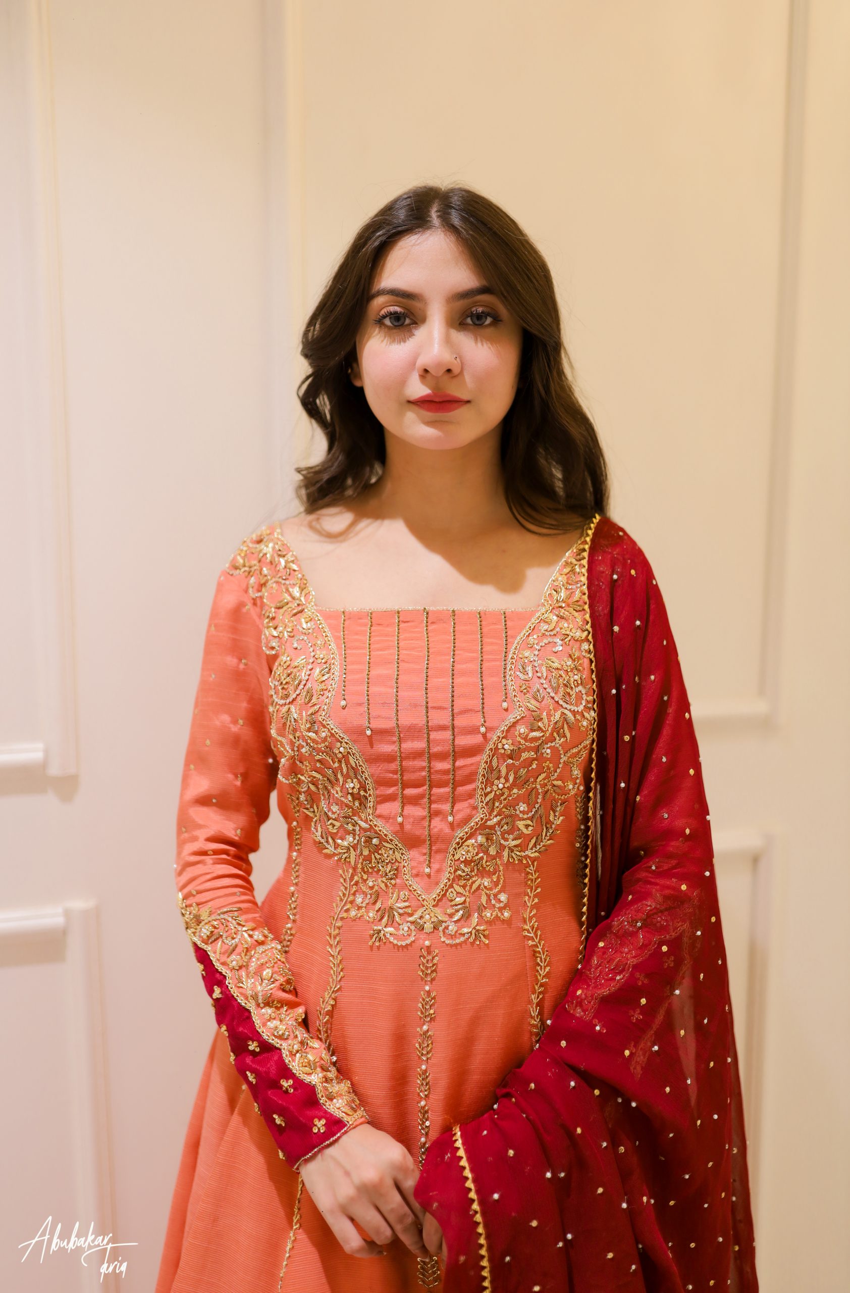 Indian Peach Hand-Embellished Raw Silk Anarkali (2-Piece) - Image 9