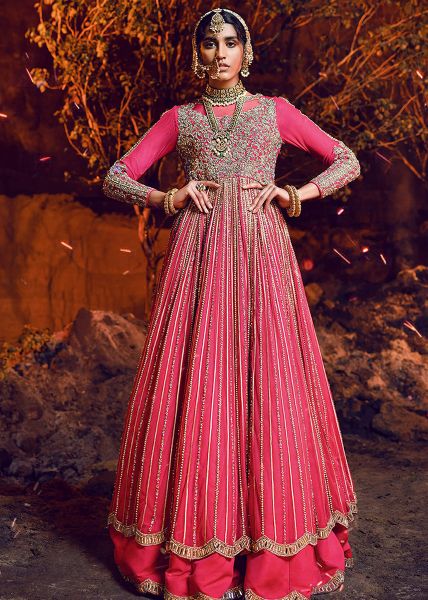 Indian Fuchsia Pink Embellished Net Silk-Blend Anarkali (1-Pc) - Image 2