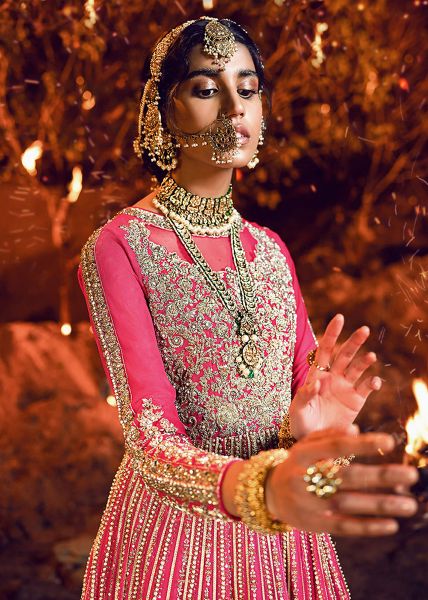 Indian Fuchsia Pink Embellished Net Silk-Blend Anarkali (1-Pc) - Image 3