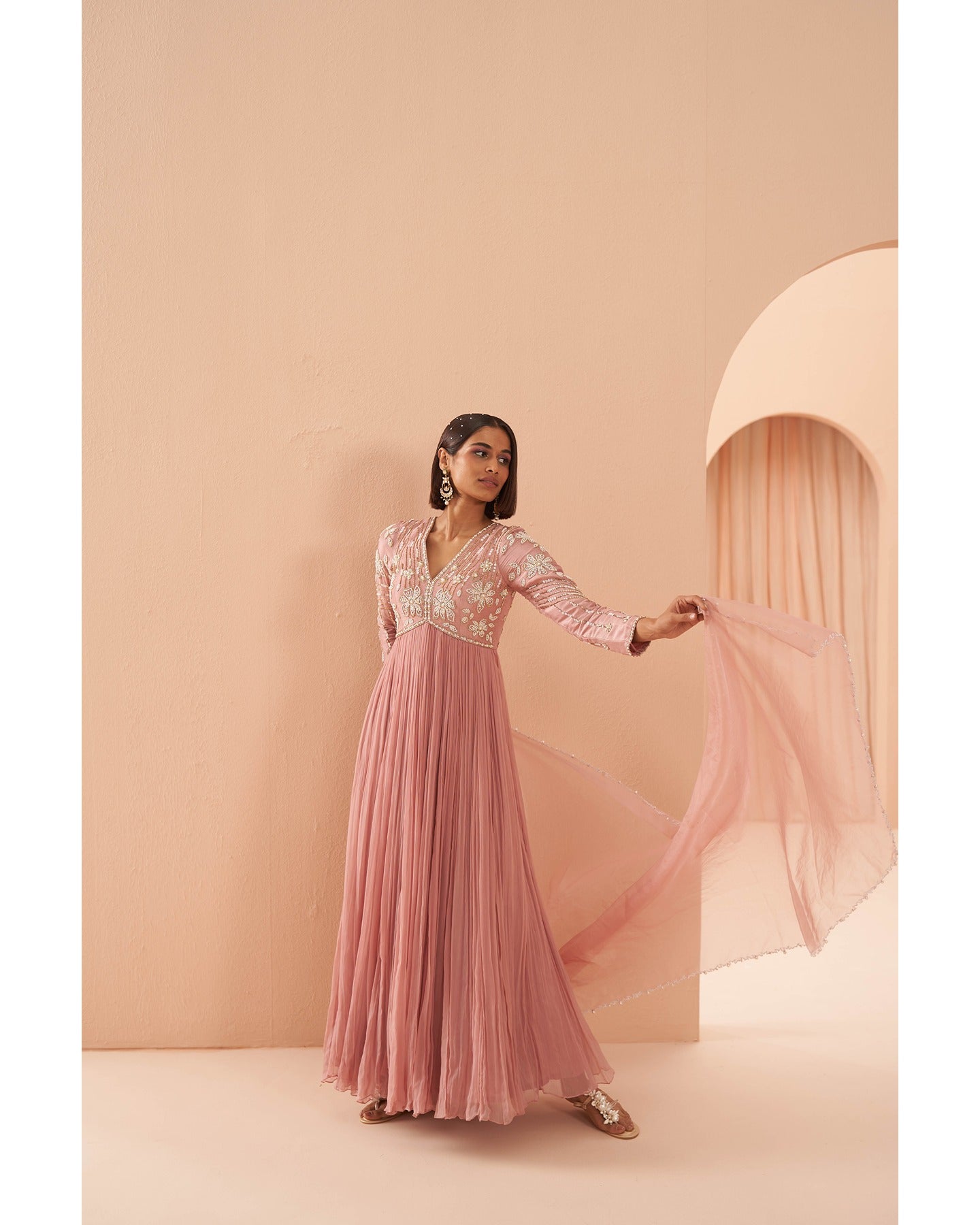 Indian Blush Pink Hand-Embroidered Silk Chiffon Anarkali (2-Piece) - Image 1