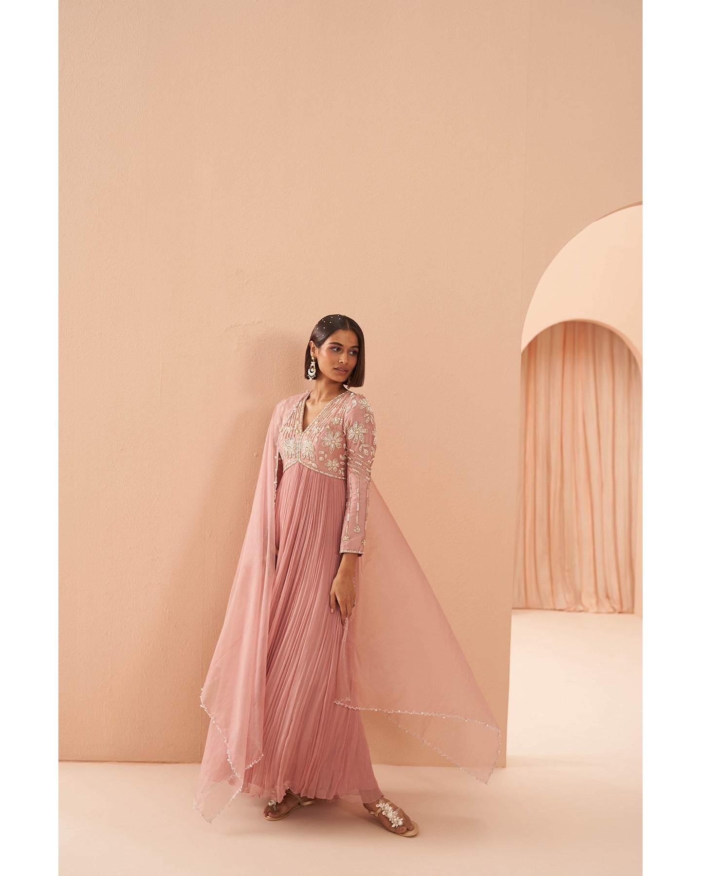 Indian Blush Pink Hand-Embroidered Silk Chiffon Anarkali (2-Piece) - Image 2