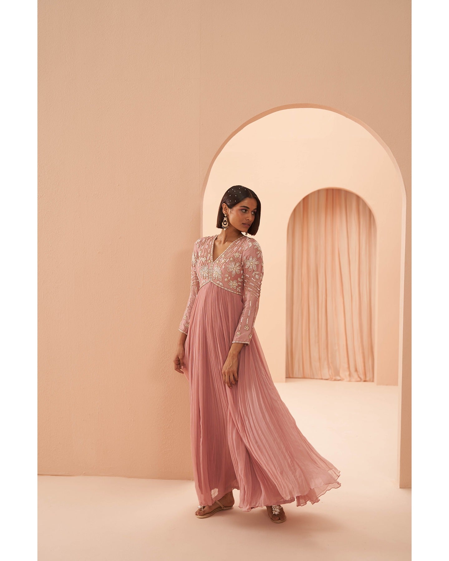 Indian Blush Pink Hand-Embroidered Silk Chiffon Anarkali (2-Piece) - Image 3