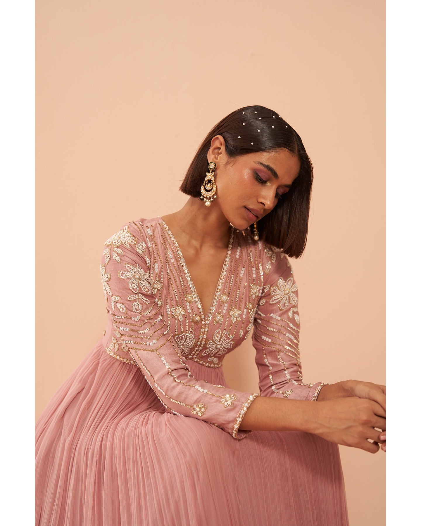Indian Blush Pink Hand-Embroidered Silk Chiffon Anarkali (2-Piece) - Image 4