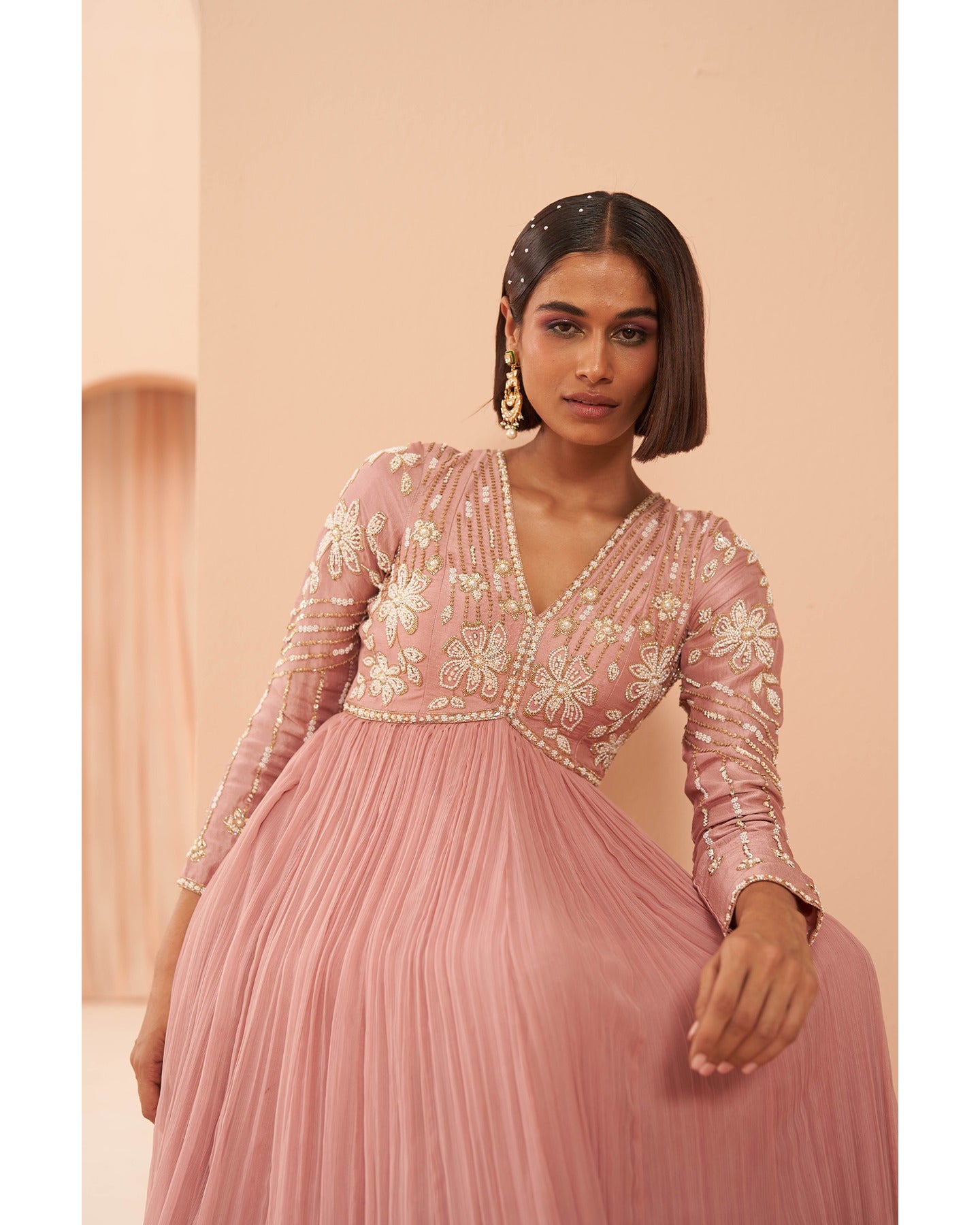 Indian Blush Pink Hand-Embroidered Silk Chiffon Anarkali (2-Piece) - Image 5