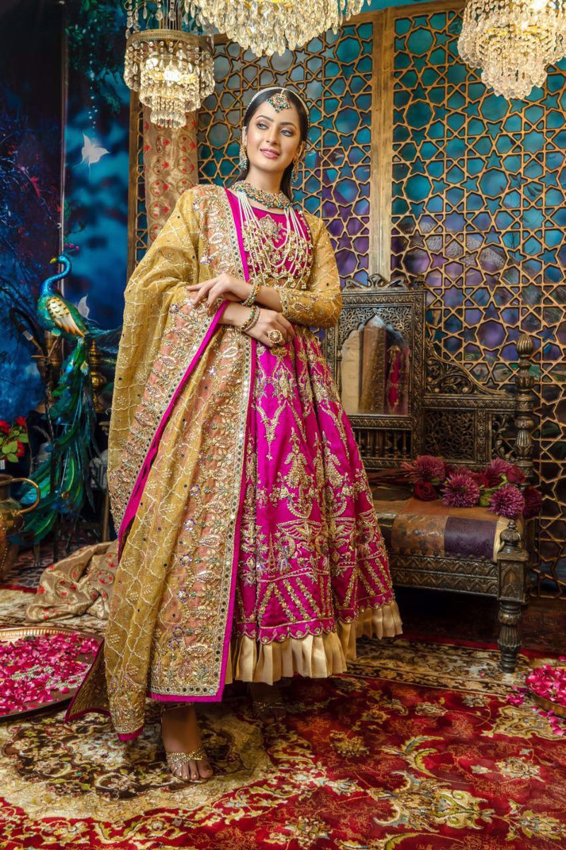 Fuchsia Gold Embroidered Silk Bridal Anarkali (2-Piece) - Image 1