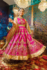 Fuchsia Gold Embroidered Silk Bridal Anarkali (2-Piece) - Image 3