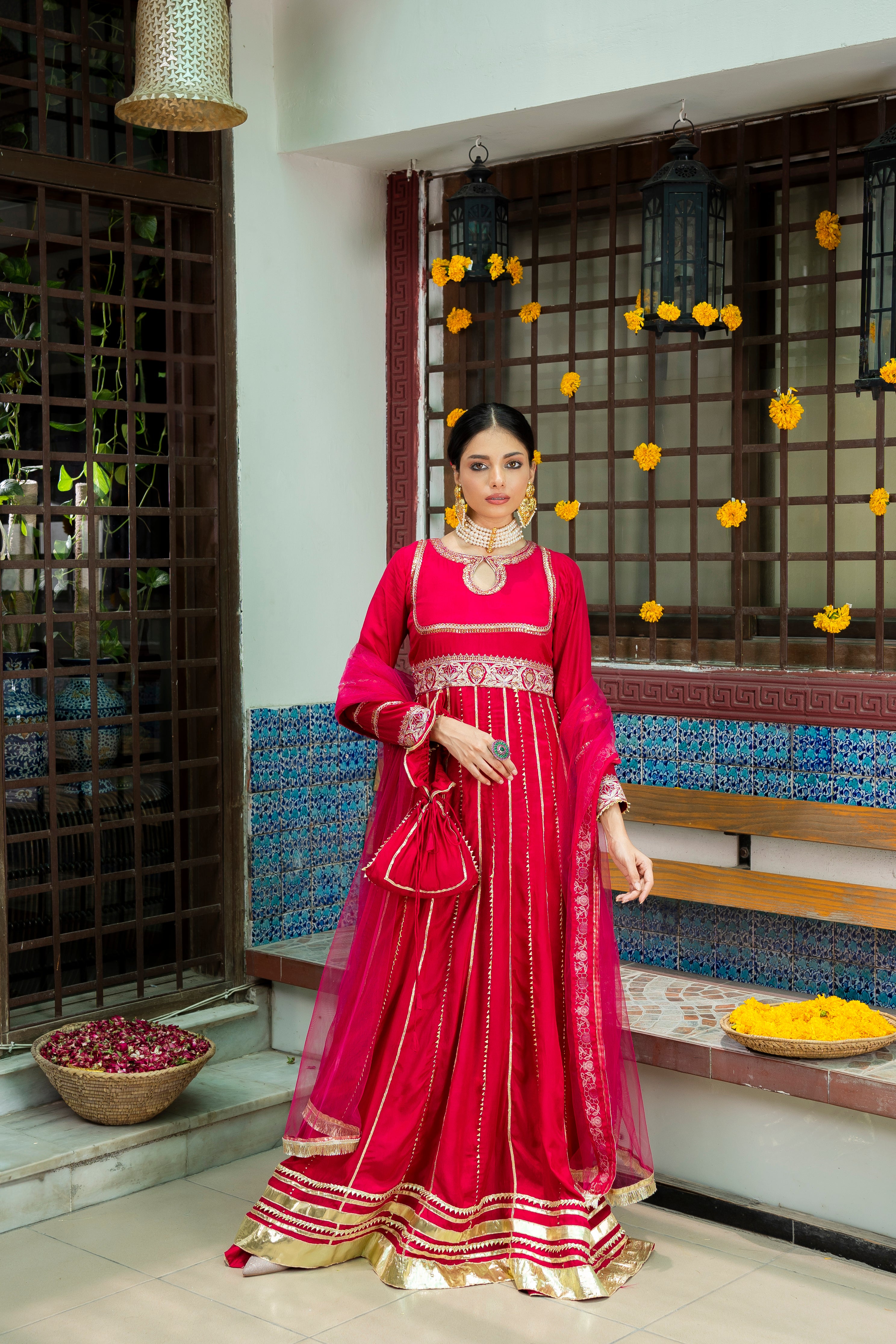 Deep Pink Zari Embroidered Silk Anarkali (3-Piece) - Image 1