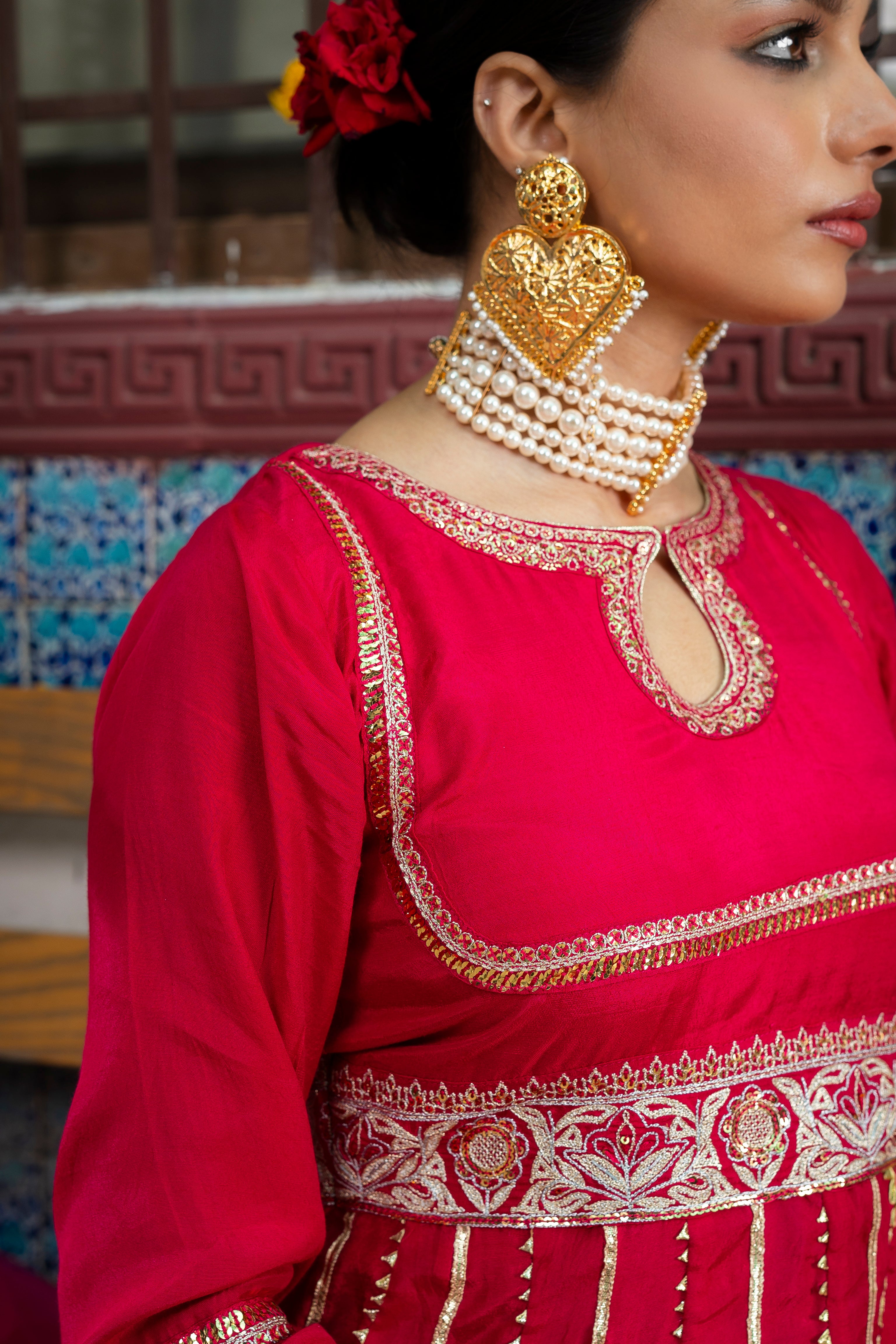 Deep Pink Zari Embroidered Silk Anarkali (3-Piece) - Image 2