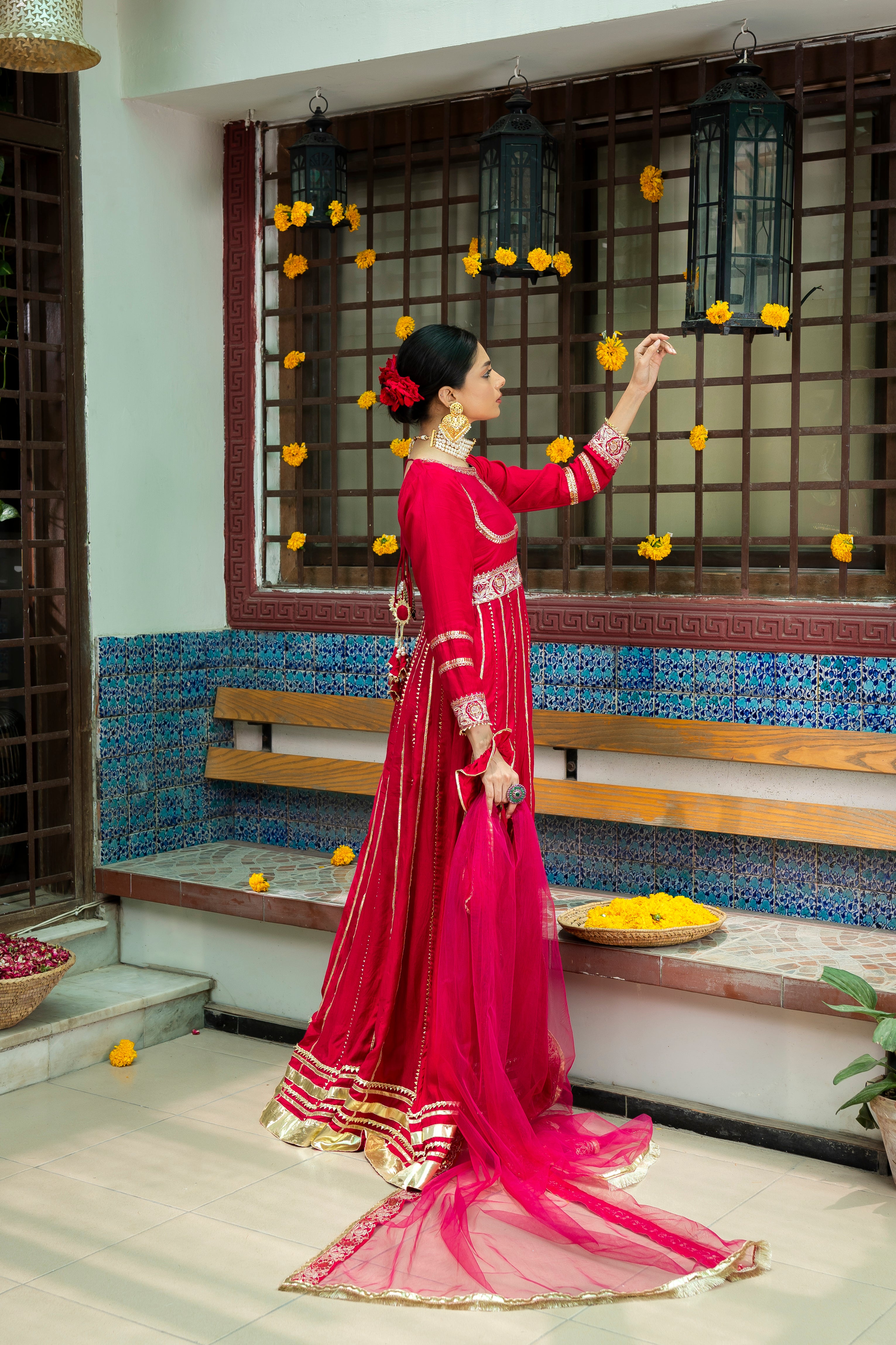 Deep Pink Zari Embroidered Silk Anarkali (3-Piece) - Image 5