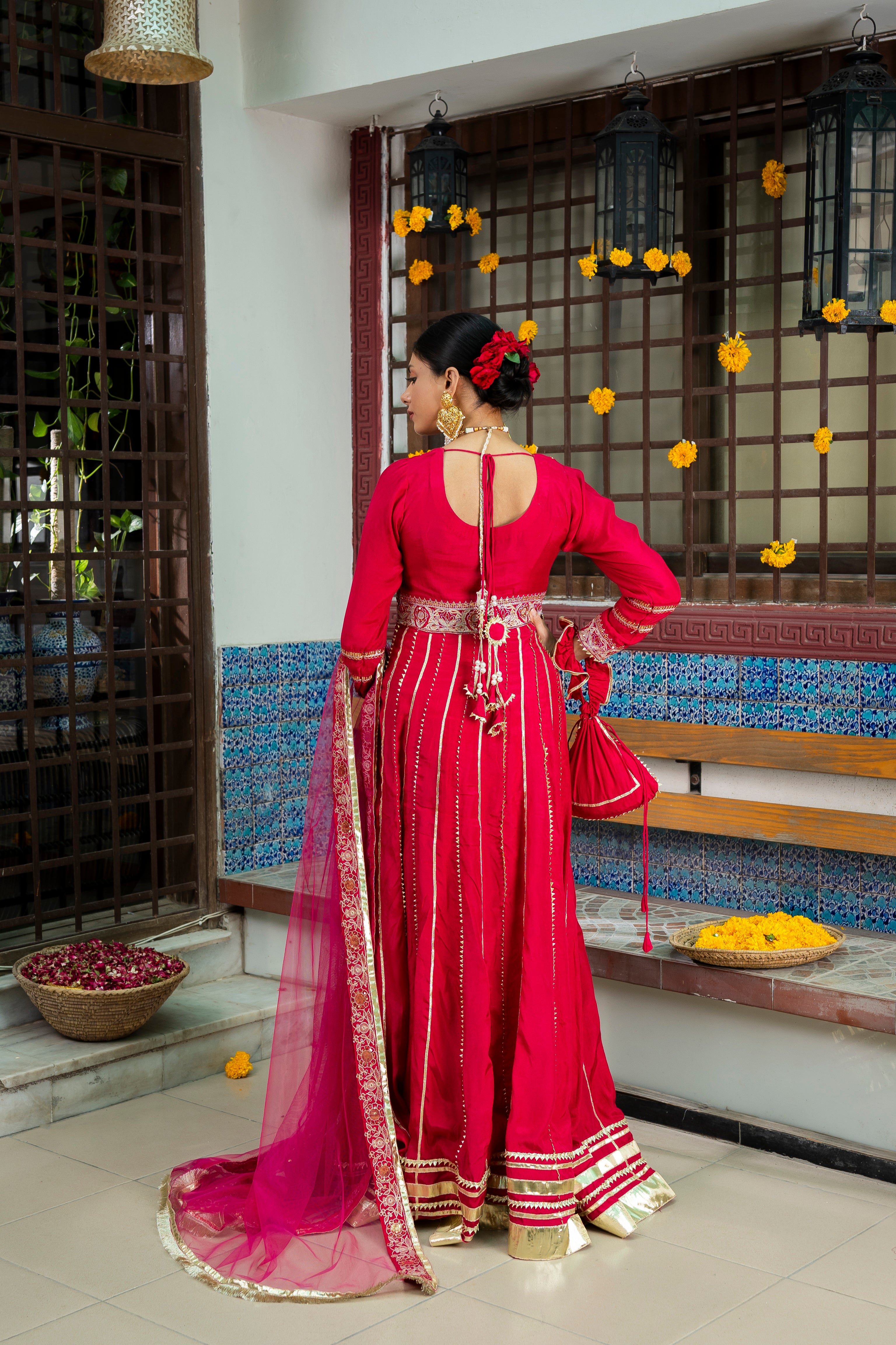 Deep Pink Zari Embroidered Silk Anarkali (3-Piece) - Image 7