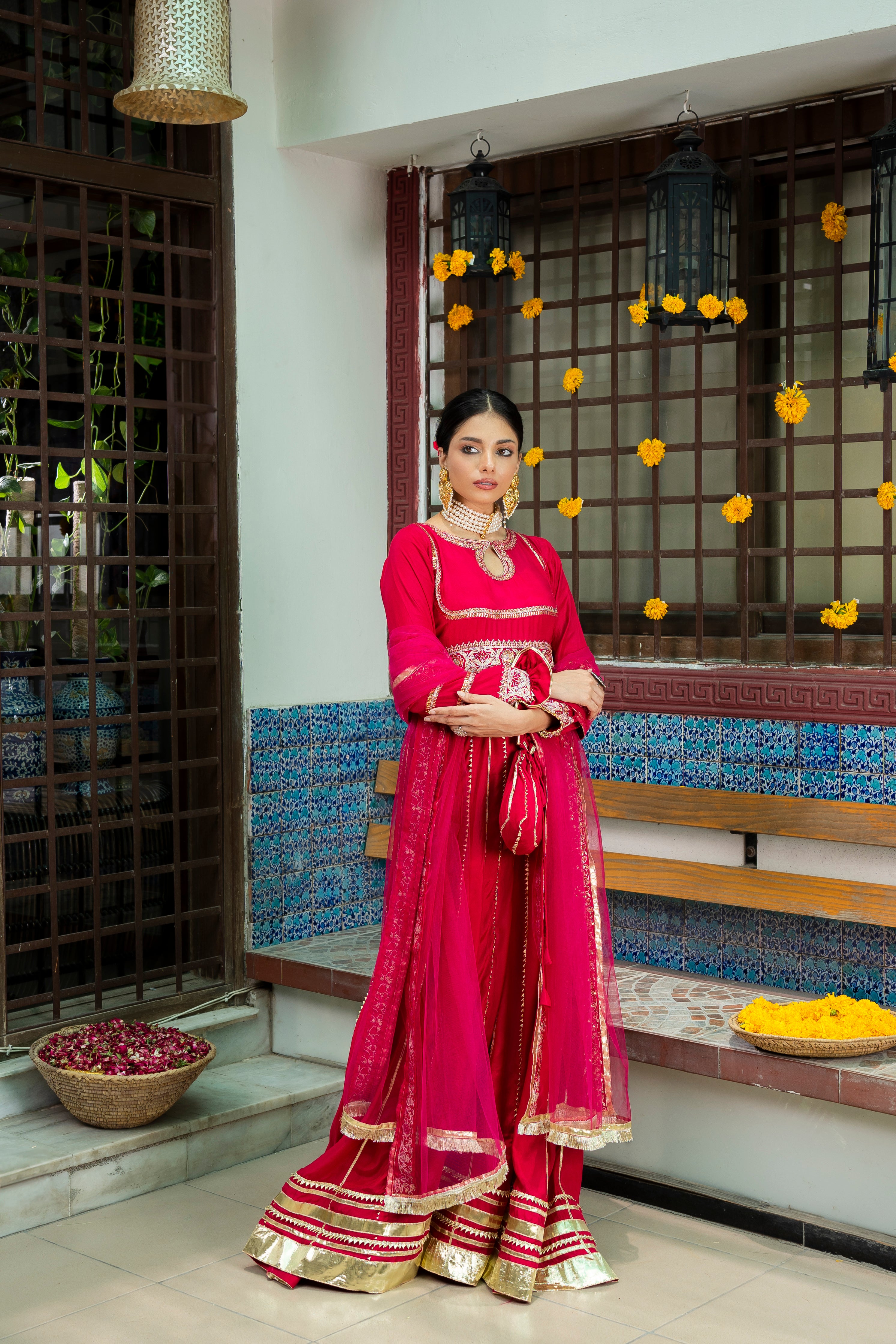 Deep Pink Zari Embroidered Silk Anarkali (3-Piece) - Image 8