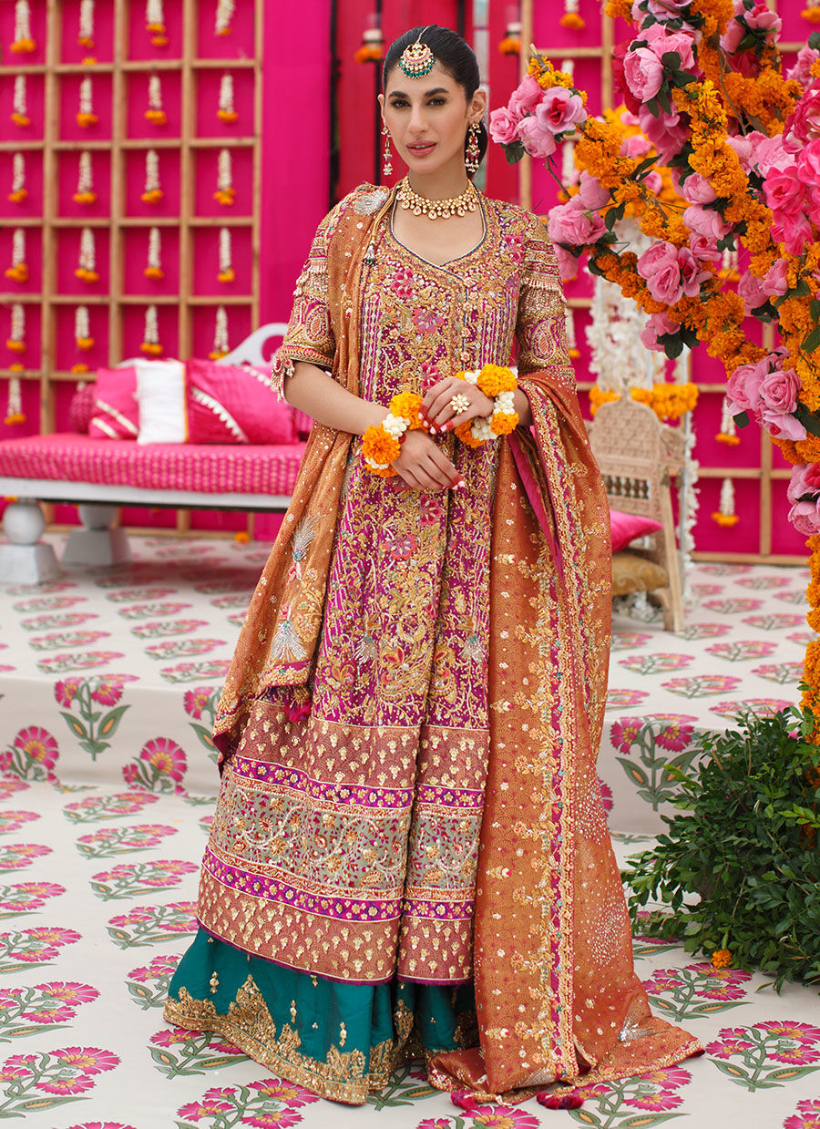 Deep Pink & Royal Purple Embellished Kataan Angrakha (3-Piece) - Image 1