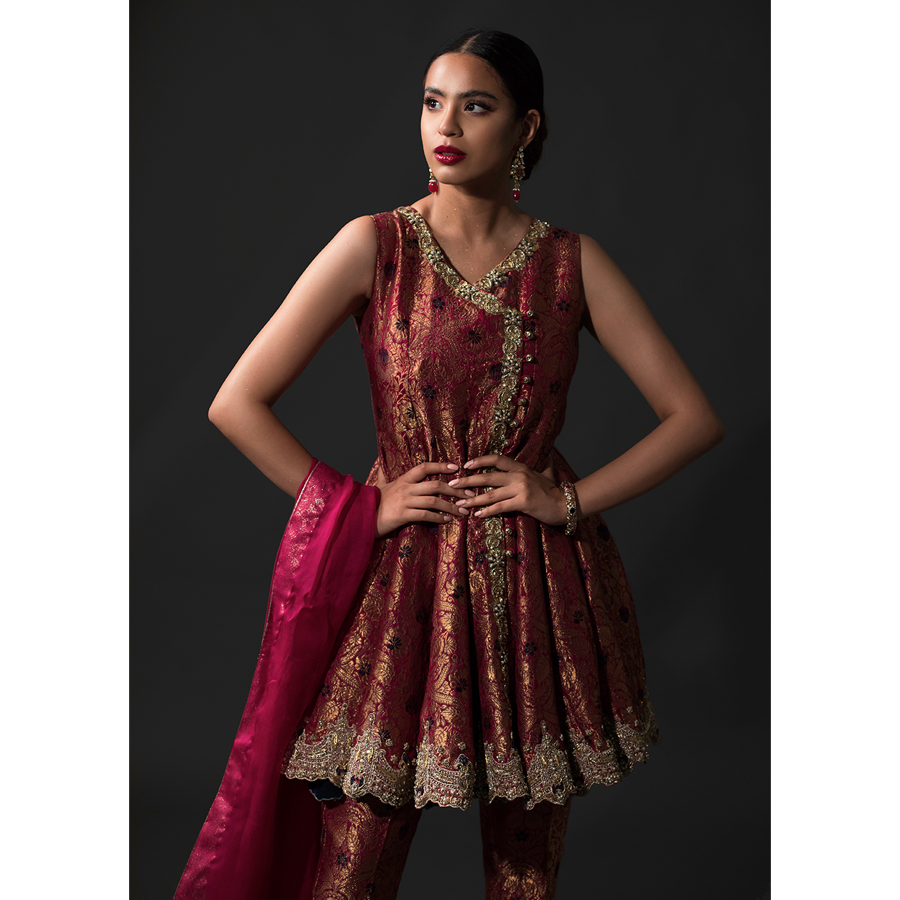 Berry Embroidered Kimkhaab Angrakha Pishwas (3-Piece) - Image 1