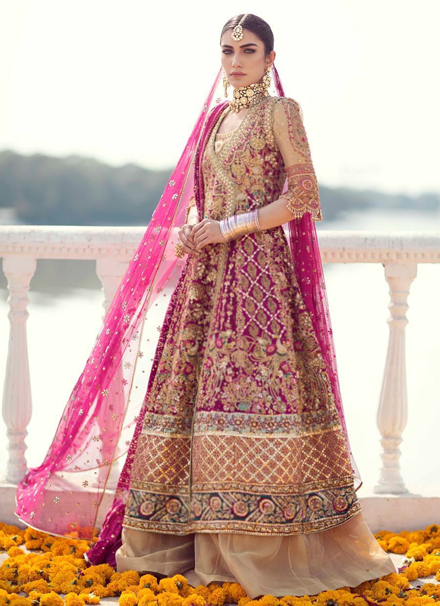 Pakistani Magenta Block Printed Charmeuse Silk Angrakha (3-Piece) - Image 1