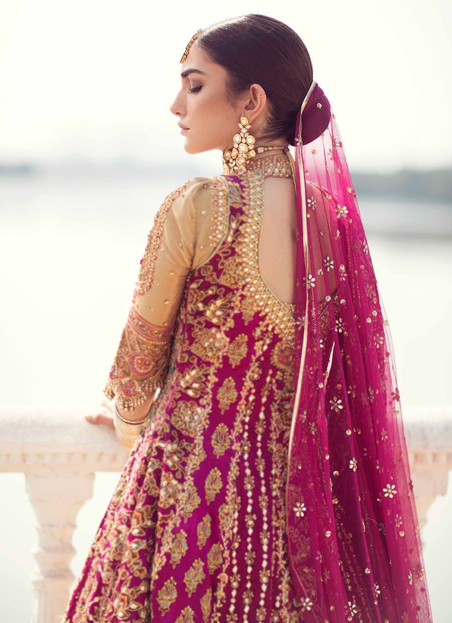 Pakistani Magenta Block Printed Charmeuse Silk Angrakha (3-Piece) - Image 8