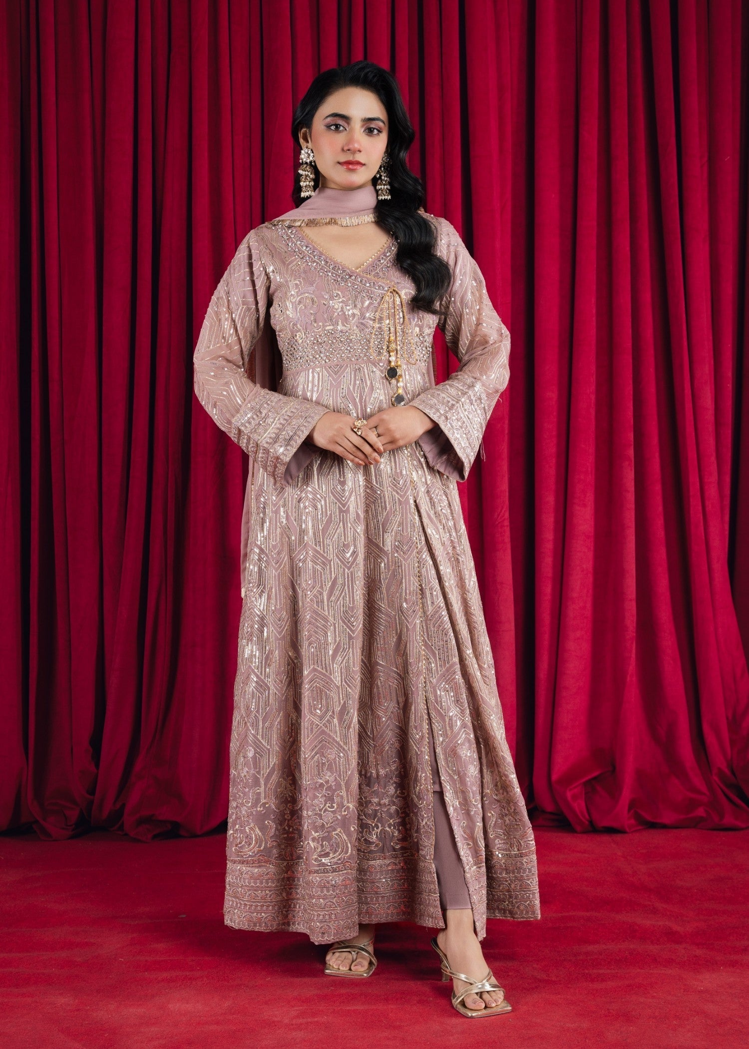 Tea Rose Embroidered Chiffon Angrakha (3-Piece) - Image 1