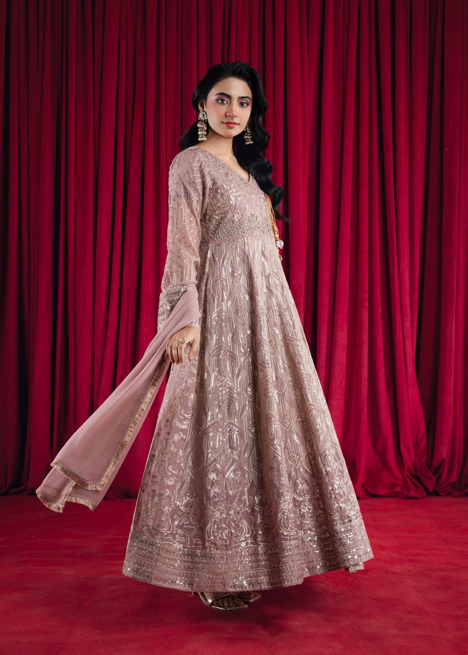 Tea Rose Embroidered Chiffon Angrakha (3-Piece) - Image 2