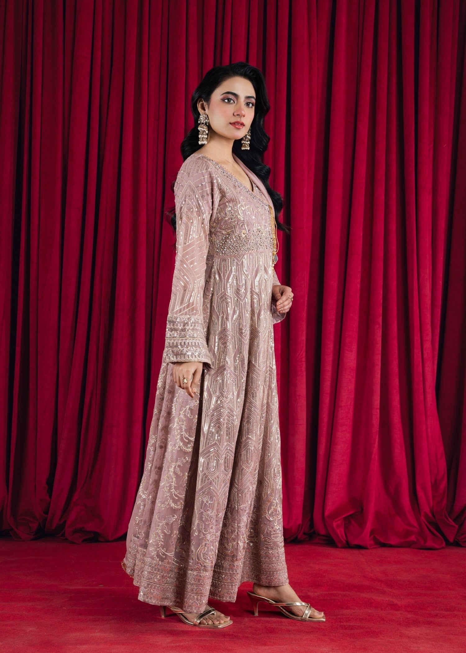 Tea Rose Embroidered Chiffon Angrakha (3-Piece) - Image 3
