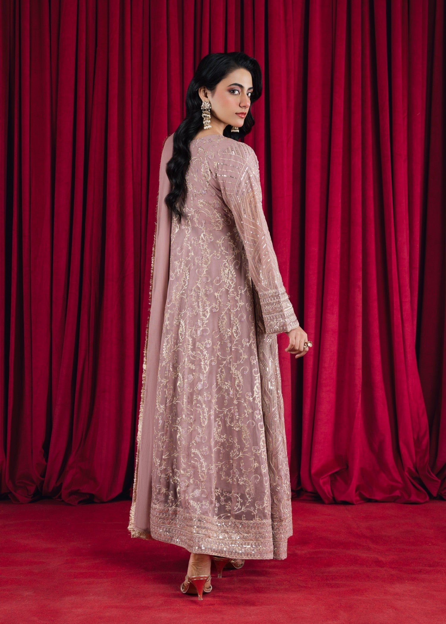 Tea Rose Embroidered Chiffon Angrakha (3-Piece) - Image 4