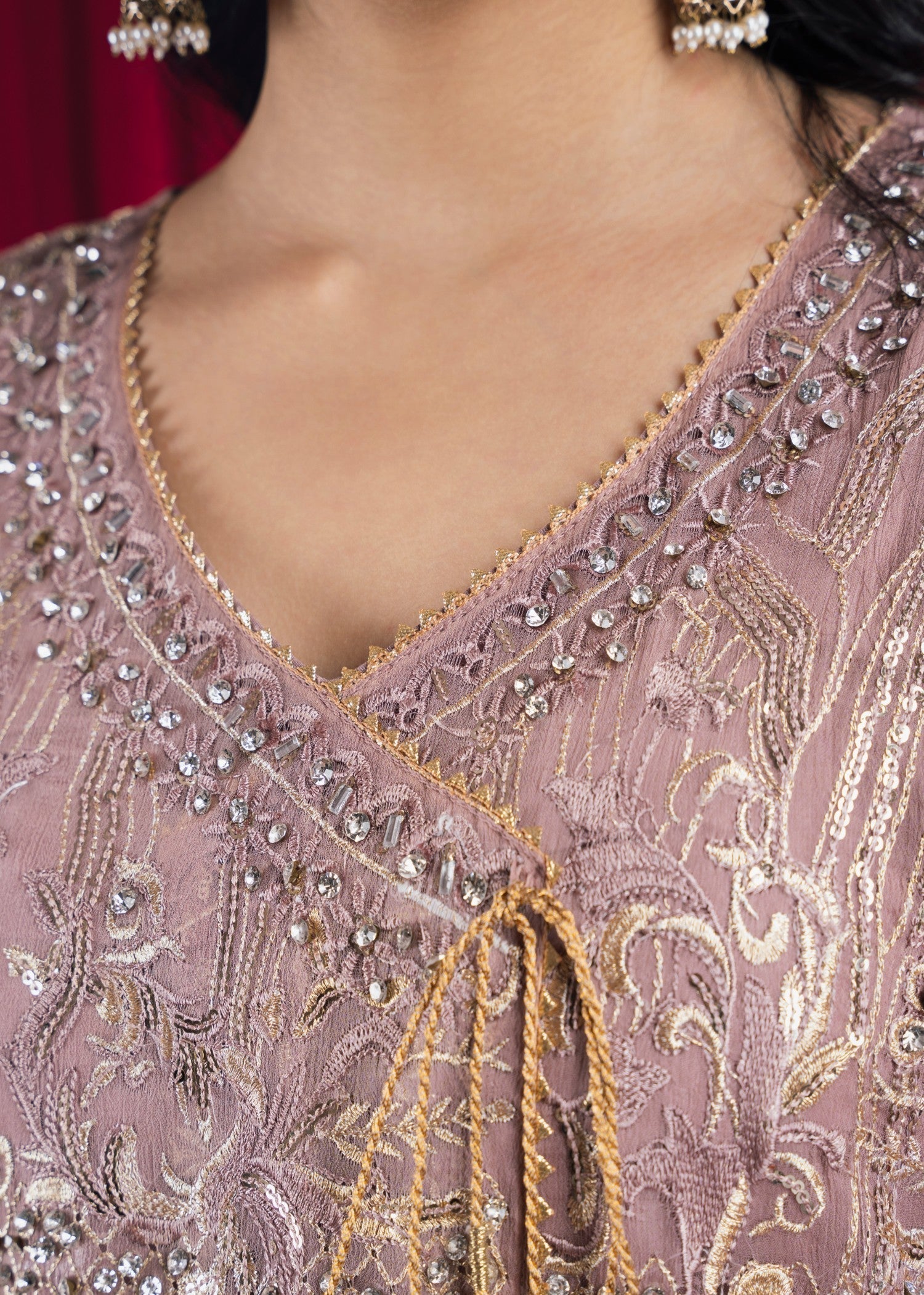 Tea Rose Embroidered Chiffon Angrakha (3-Piece) - Image 6