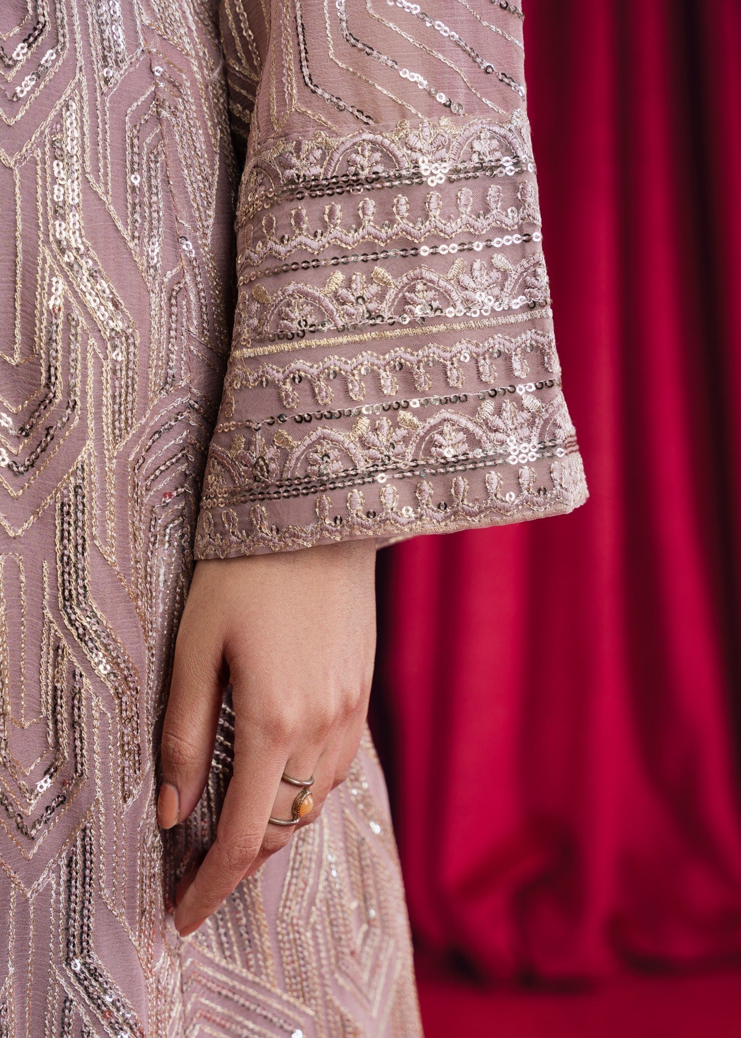 Tea Rose Embroidered Chiffon Angrakha (3-Piece) - Image 8