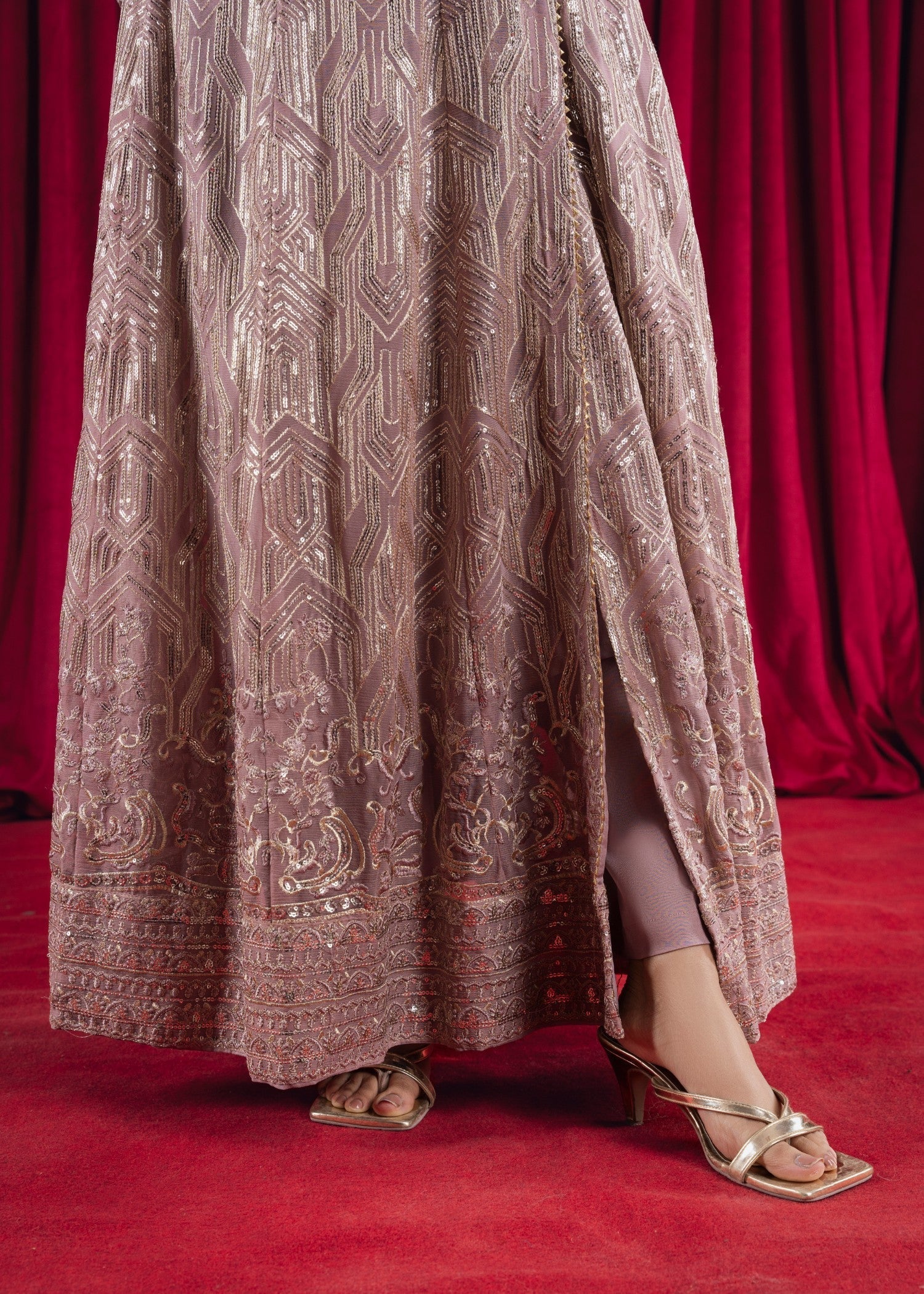 Tea Rose Embroidered Chiffon Angrakha (3-Piece) - Image 9